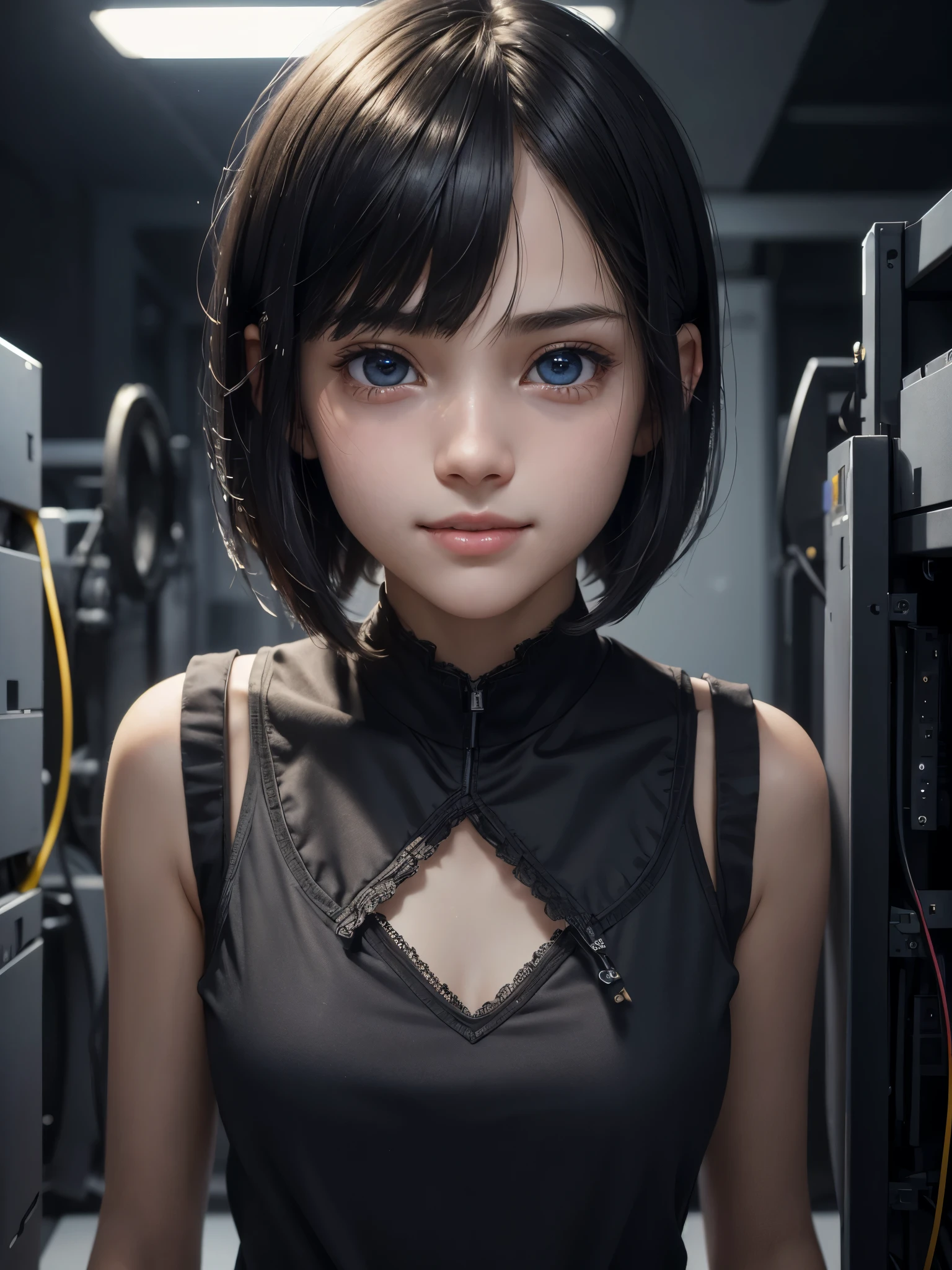 (whole body:1) A young girl's, smart casual, Hacker's server room, Detailed face, ((Cool expression)), (Short straight hair with thin bangs:1.2), Super detailed photos, (lifelike), (intricate details:1),(masterpiece :1), (best quality:1), ultra high resolution, (delicate eyes), (detailed facial features), human development report, 8K resolution, (lens flare:0.5), Light comes from a distance, (Smile, joy) 