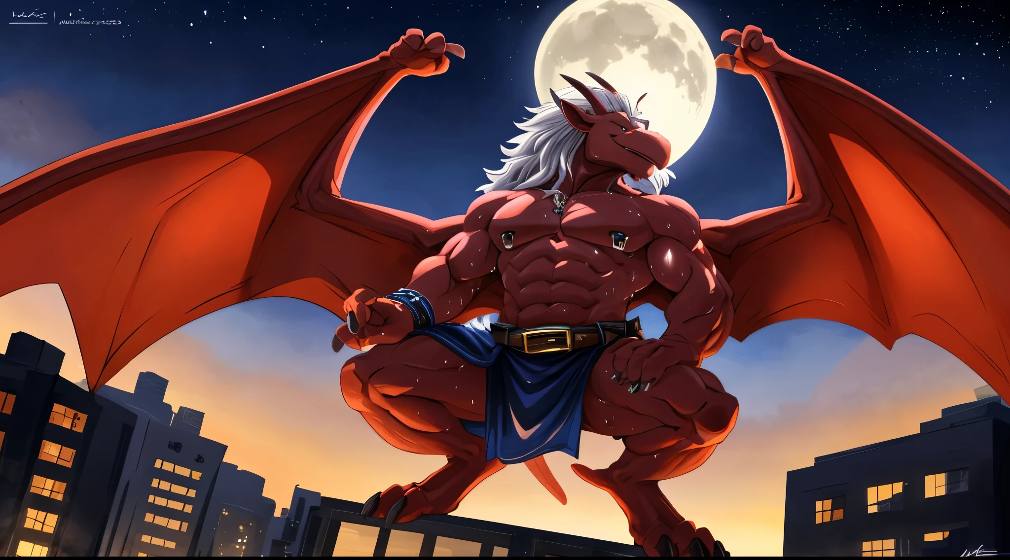kemono, (by narse, by wfa), Brooklyn, red_skin, abs, colored_skin, wings, horns, muscular, solo, male_focus, red skin, nipples, membranous_wings, barefoot, claws , white_hair, 1boy, topless, tail, ((sweat)), ((musk)), pecs, detailed nipple piercings, masterpiecedetailed body, detailed skin, (detailed eyes), (detailed hands), Highest Quality, 4k, masterpiece, Amazing Details, Shallow Depth of Field, (masutepiece, Best Quality, Clear image quality, hight resolution,4K image quality), big city, skyscrapers, moon, stars, night, (observes the city from the top of a skyscraper), shot from above, cowboy shot, short lighting, complementary, bokeh, looking at the city, happy trail,