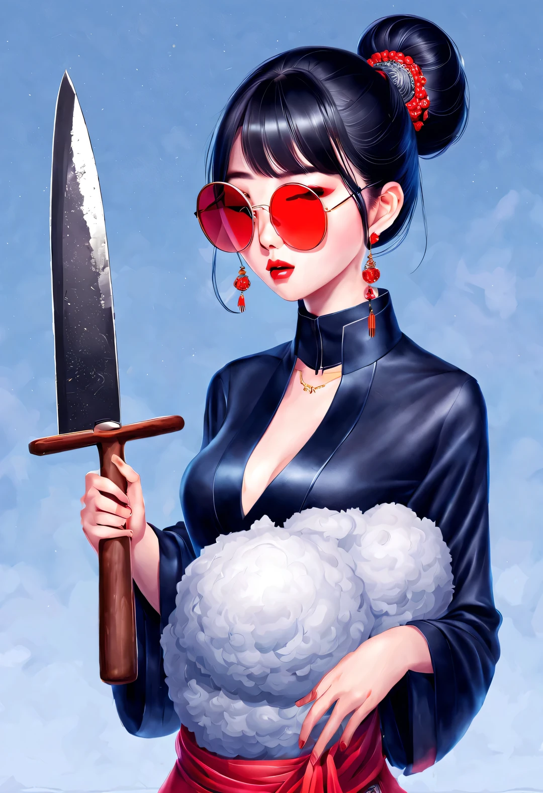 (Modern art fashion character design), Very unified CG, (Half-length close-up), (Beautiful Chinese girl holding machete: 1.3), (Wearing large sunglasses: 1.3), and (meatball head: 1.2), a harmonious combination of classic and modern, (dark blue sweater and jeans: 0.68), (Red scarf jacket: 0.7), Modern and stylish clothing, Elegance, the girl's fair and flawless smooth skin, high nose bridge, and head up posture, Sad and beautiful, slender figure, Exquisite facial features, swirling fog illustration, ink painting, black hair, meatball heads, Proud, Surrealism, contemporary art photography, action painting illustration, abstract expressionism, Pixar, depth of field, motion blur, backlight, radiation, decline, Head up angle, Sony FE General Manager, ultra high definition, masterpiece, accurate, textured skin, Super details, high detail, high quality, Award-winning, best quality, Level, 16k, Photographed from a bottom-up perspective, humor,