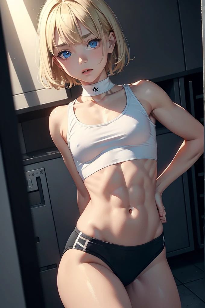 (masterpiece, high quality), 1girl, Caucasian, short blond hair, blue eyes, petite, girl, gym locker room, (black panties), white crop top, strong arms, muscular thighs, ripped muscles, six pack abs, muscle arms, muscular, slim, Petite, flat chest, hyper detailed, Intricate design, Luminous, 4K, 8K, Cinematic lighting, Contour lighting