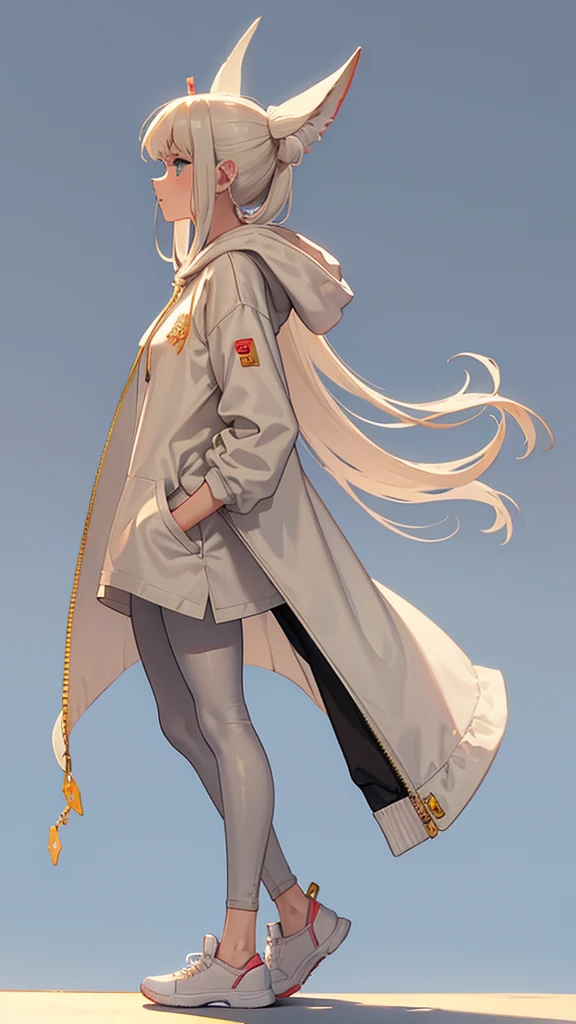 a woman in a hoodie and leggings stands in front of a white background, beige hoodie, beige, full body profile pose, 2 4 year old female model, casual pose, 🤬 🤮 💕 🎀, female outfit, perfectly poised, leggings, posed in profile, wearing an oversized hoodie, with two front pockets, profile posing, side pose