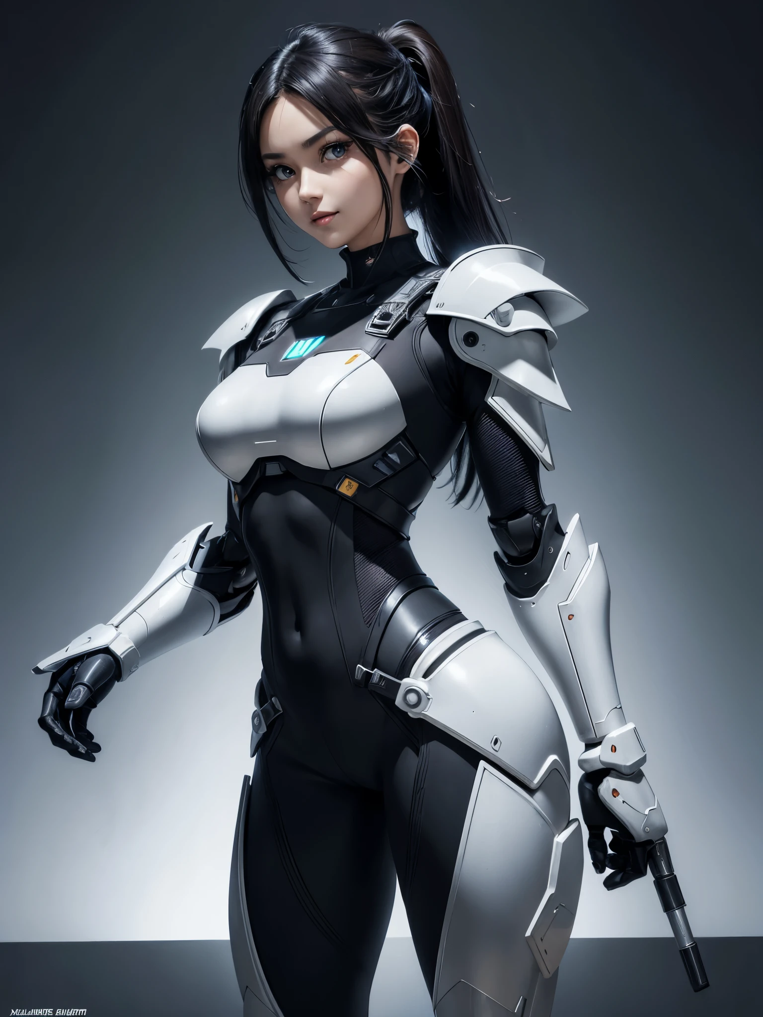 (Upper body), (actual, [Japanese cartoons]), (3D:0.3), dramatic lighting, ((masterpiece)),(quality),(high resolution), tall void star lady, [[Covers the abs]], ((X-ray powered armor|Lined jumpsuit|White power armor) Robotic arm), Long black hair undercut, [smile], small breasts, cover navel, Eyeliner, eyelash, perfect face, beautiful nose, Detailed pupils, beautiful eyes, delicate eyes, brown eyes, perfect lips, posture on monitor, simple background, [My Hero Academia], (holster:1) ,  