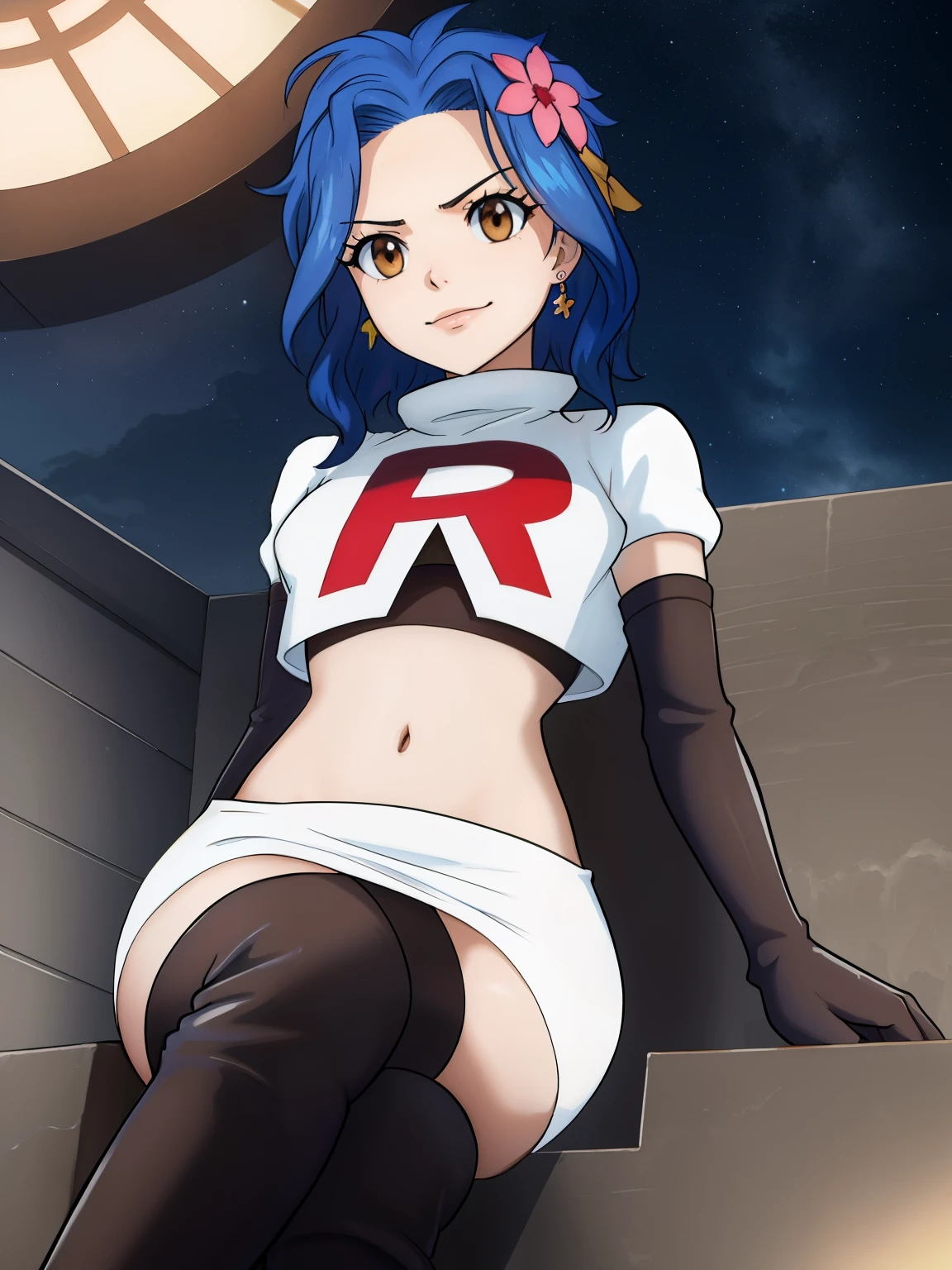 LEVY MCGARDEN, (BROWN EYES:1.35), BLUE HAIR, SHORT HAIR, SIDELOCKS, HAIR BAND ,HAIR FLOWER ,glossy lips, earings ,team rocket uniform, red letter R, white skirt,white crop top,black thigh-high boots, black elbow gloves, closed mouth, evil smile, looking down on viewer, sitting down ,legs crossed, night sky background