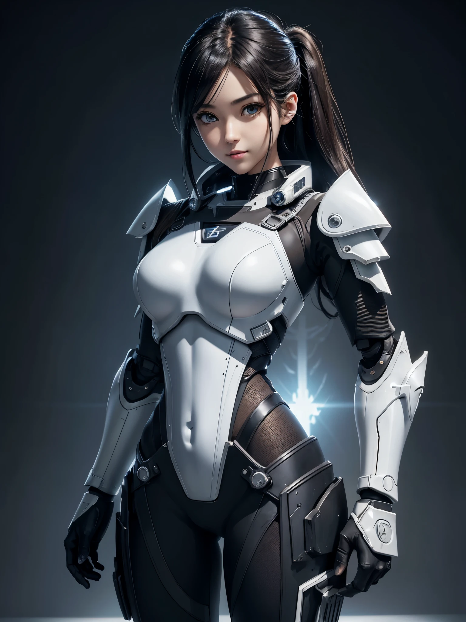 (Upper body), (actual, [Japanese cartoons]), (3D:0.3), dramatic lighting, ((masterpiece)),(quality),(high resolution), tall void star lady, [[Covers the abs]], ((X-ray powered armor|Lined jumpsuit|White power armor) Robotic arm), Long black hair undercut, [smile], small breasts, cover navel, Eyeliner, eyelash, perfect face, beautiful nose, Detailed pupils, beautiful eyes, delicate eyes, brown eyes, perfect lips, posture on monitor, simple background, [My Hero Academia], (holster:1) ,  