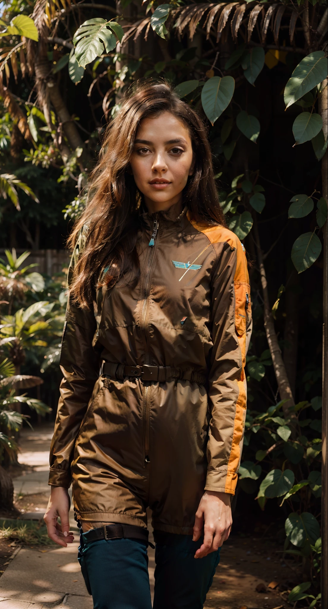 full body portrait of young woman, mid shot portrait, wearing flight suit, with teal clothes, brown eyes