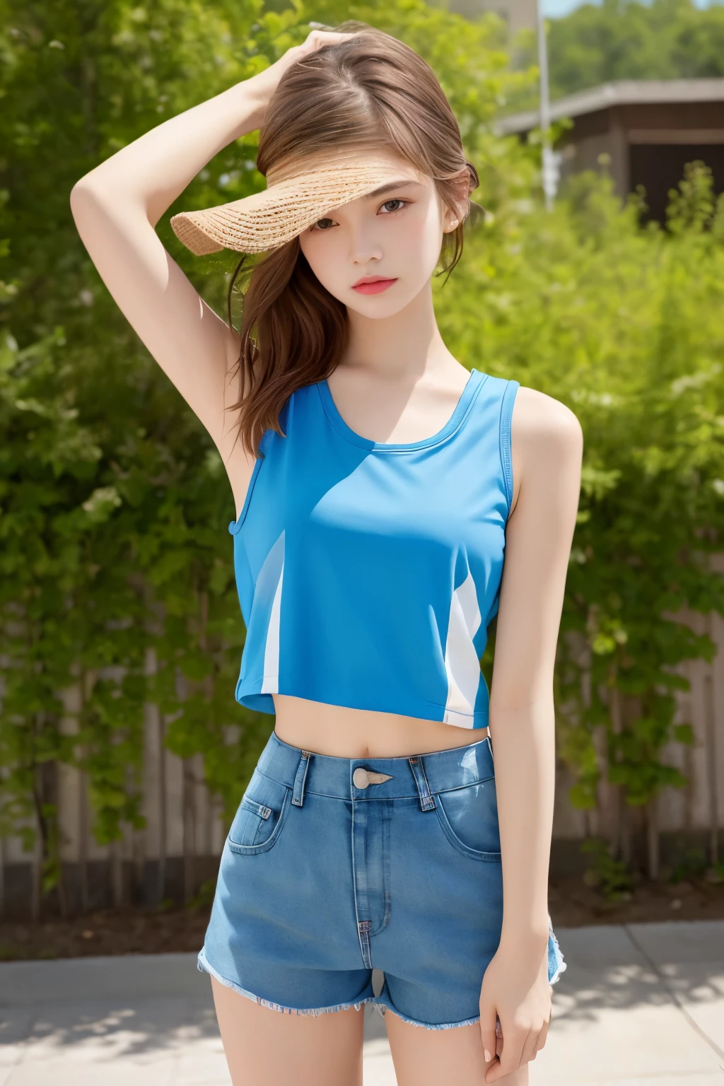 1 girl, spring、Cropped tank top、colorful shorts、 (best quality: 1.1)、(highly detailed skin), (best quality:1.0), (ultra high resolution:1.0) ,(realistic photo:1.0), (Super detailed:1.0), (8K, Raw photo:1.1),