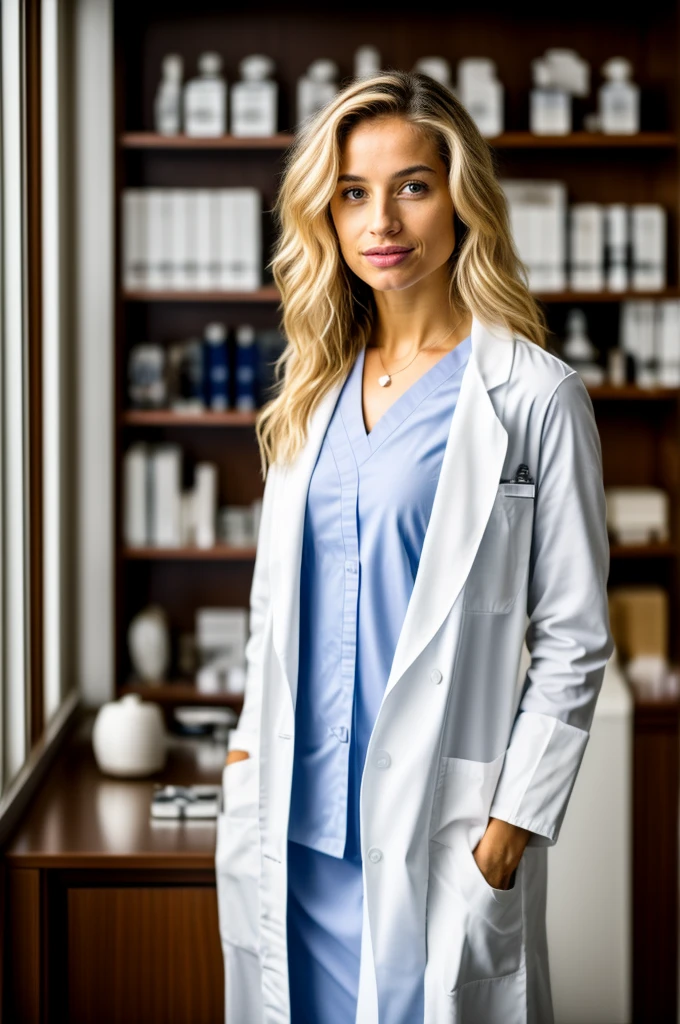 A beautiful female doctor in a professional clinic, with a crisp white lab coat, stethoscope around her neck, and a warm smile on her face. The doctor has well-defined eyes, a perfectly shaped nose, and luscious lips. Her eyes are captivating and convey confidence and compassion. The clinic is well-lit with natural light streaming in through large windows, creating a serene and inviting atmosphere. The clinic is equipped with state-of-the-art medical equipment, including a sleek examination table and modern diagnostic instruments. The walls are adorned with informative medical charts and diagrams, providing a sense of knowledge and expertise. The doctor is surrounded by shelves filled with neatly organized medical books, highlighting her dedication to continuous learning and professionalism. The color palette of the scene is bright and clean, with predominantly white and light blue tones, symbolizing purity and trust. The lighting is carefully balanced to ensure a comfortable and well-lit environment for both the doctor and the patients. The artwork is crafted with meticulous attention to detail, allowing for intricate rendering of the doctor's facial features and the clinic's interior. The overall style of the artwork is realistic and photo-realistic, with a touch of artistic flair to enhance the visual appeal. The emphasis is on capturing the essence of a dedicated healthcare professional and the importance of providing quality medical care. The artwork exudes professionalism, expertise, and compassion, reflecting the commitment of the doctor to her profession and the well-being of her patients, RAW, super detail, highres, (Ultra high saturation, bright and vivid colors), (best quality, masterpiece, Representative work, official art, Professional, 8k)