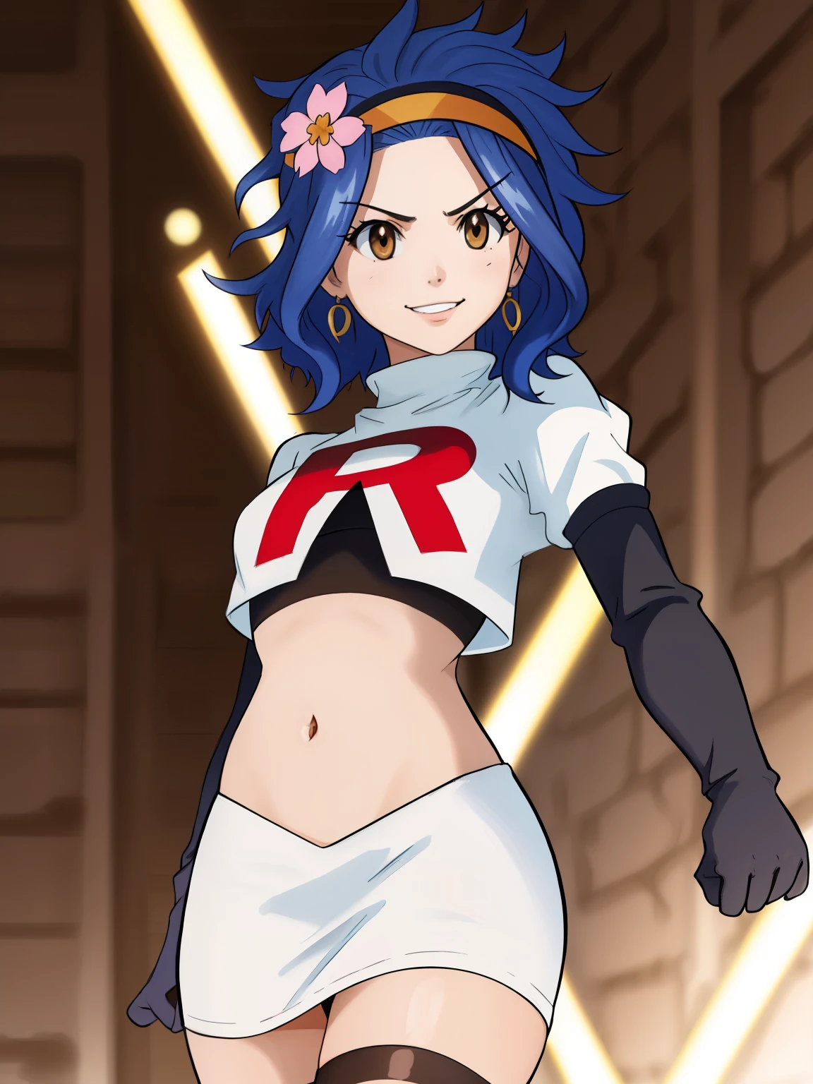 1girl, solo ,LEVY MCGARDEN, (BROWN EYES:1.35), BLUE HAIR, SHORT HAIR, SIDELOCKS, HEADBAND ,HAIR FLOWER ,glossy lips, eye shadow ,earings ,team rocket uniform, red letter R, white skirt,white crop top,black thigh-high boots, black elbow gloves, closed mouth, evil smile