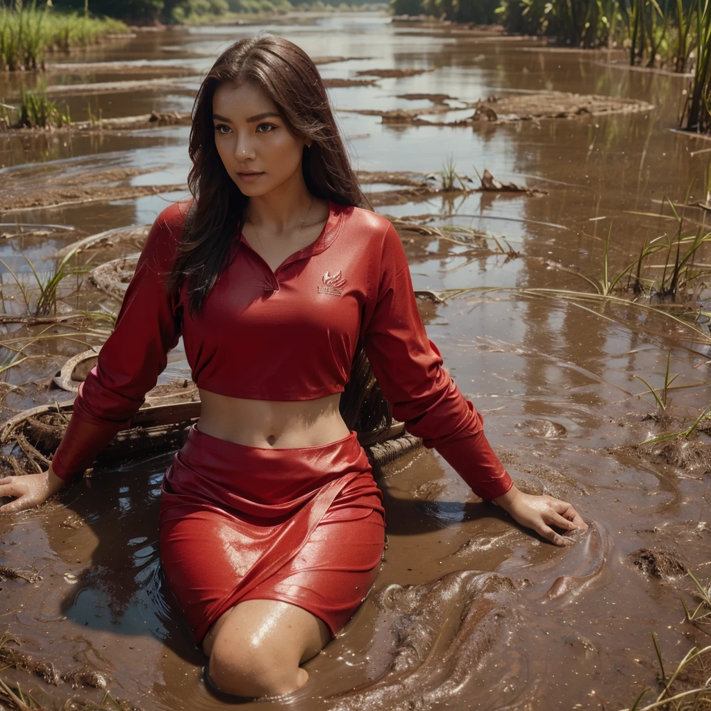 mermaid, wearing red clothes, stranded in the mud of a beautiful rice field, realistic,4k,8k,hd