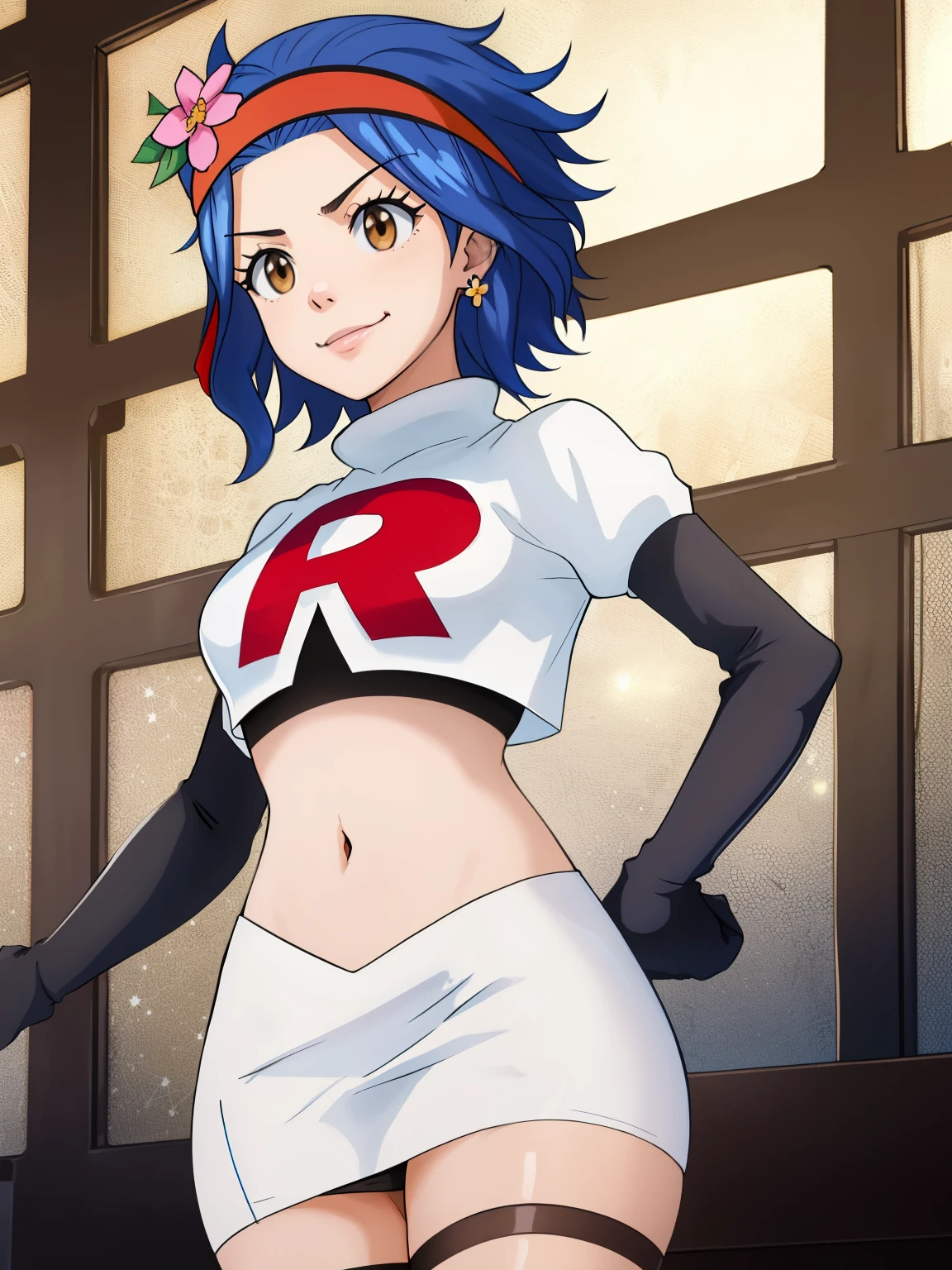 1girl, solo ,LEVY MCGARDEN, (BROWN EYES:1.35), BLUE HAIR, SHORT HAIR, SIDELOCKS, HEADBAND ,HAIR FLOWER ,glossy lips, eye shadow ,earings ,team rocket uniform, red letter R, white skirt,white crop top,black thigh-high boots, black elbow gloves, closed mouth, evil smile