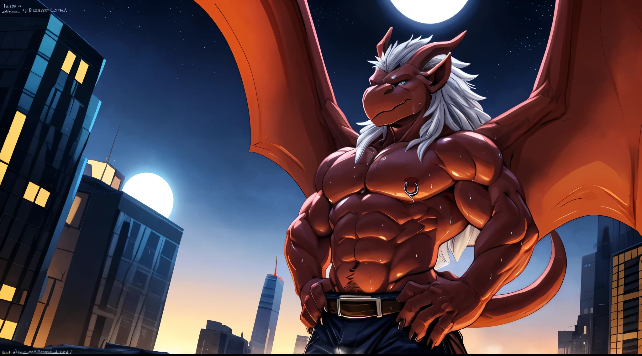 kemono, (by narse, by wfa), Brooklyn, red_skin, abs, colored_skin, wings, horns, muscular, solo, male_focus, red skin, nipples, membranous_wings, barefoot, claws , white_hair, 1boy, topless, tail, ((sweat)), ((musk)), pecs, detailed nipple piercings, masterpiecedetailed body, detailed skin, (detailed eyes), (detailed hands), Highest Quality, 4k, masterpiece, Amazing Details, Shallow Depth of Field, (masutepiece, Best Quality, Clear image quality, hight resolution,4K image quality), big city, skyscrapers, moon, stars, night, (observes the city from the top of a skyscraper), shot from above, cowboy shot, short lighting, complementary, bokeh, looking at the city, happy trail,