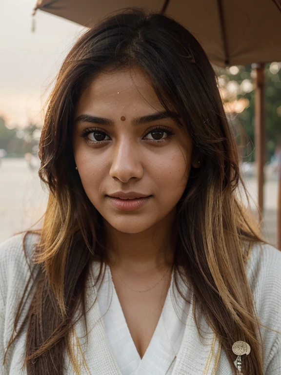 lovely cute young attractive indian girl, brown eyes, gorgeous actress, 23 years old, cute, an Instagram model, long blonde_hair, colorful hair, winter, Indian, approachable expression and be illuminated by soft, golden-hour sunlight. The background should be a scenic outdoor setting, perhaps a sunlit park or beach. Capture this image with a high-resolution photograph using an 85mm lens for a flattering perspective. eyes above the water macro close up , rain, wer face, storm