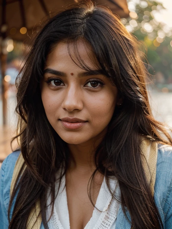 lovely cute young attractive indian girl, brown eyes, gorgeous actress, 23 years old, cute, an Instagram model, long blonde_hair, colorful hair, winter, Indian, approachable expression and be illuminated by soft, golden-hour sunlight. The background should be a scenic outdoor setting, perhaps a sunlit park or beach. Capture this image with a high-resolution photograph using an 85mm lens for a flattering perspective. eyes above the water macro close up , rain, wer face, storm