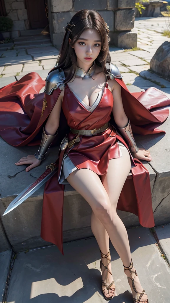 Woman in red silver dress, Immersive art station, ศิลปะFantasyที่มีรายละเอียด, Amazing character art, Excellent and neat character art, beautiful armor, very detailed, red armor girl, Exquisite headdresses and ornaments, (best quality, 10, Masterpiece :1.3), (realistic, ภาพrealistic: 1.37), (1 girl), (Beautiful women between the ages of 18-20), (thin), (Focus on the slender abdomen.. :1.3), (Korea), (Pastel colored leather dress, Long red leather cloak, Long red leather cloak, Show your arms and shoulders., white leather skirt, short leather skirt, Emphasize her legs., High groove,), (รองเท้าHeel Height), (Random pose), Huge breasts, exposed cleavage, ((dark brown hair, long hair)), exquisite face, Open the show, Fantasy, Slender figure, Very smooth face, Good eyes, Double eyelids, (long hair, Random hairstyles), (big girl :1.3), (outdoor), (Extraordinarily detailed face), (Detailed eyes), (Double eyelids), (Eyeshadow makes eyelashes look thicker.......), obscure, (Long legs, Heel Height), (((Whole body))), (professional lighting), (Photon mapping), (Radiation), red armor girl, silver armor girl, ((Big Sword)), (Look directly at the audience.....), cliff scene, mountain, cave mouth, stone, Dungeon