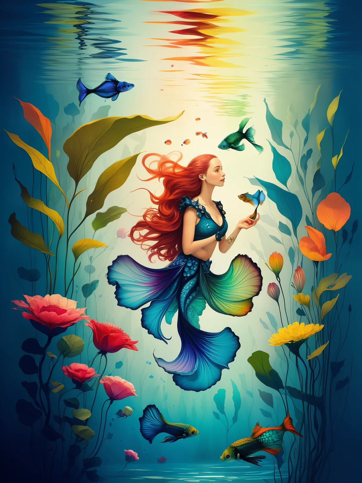 (Illustration:1.3) beautiful betta fish swimming with flowers (by Artist Anna Dittman:1), (((masterpiece))), (((best quality))), ((ultra-detailed)),(detailed light),((an extremely delicate and beautiful)),