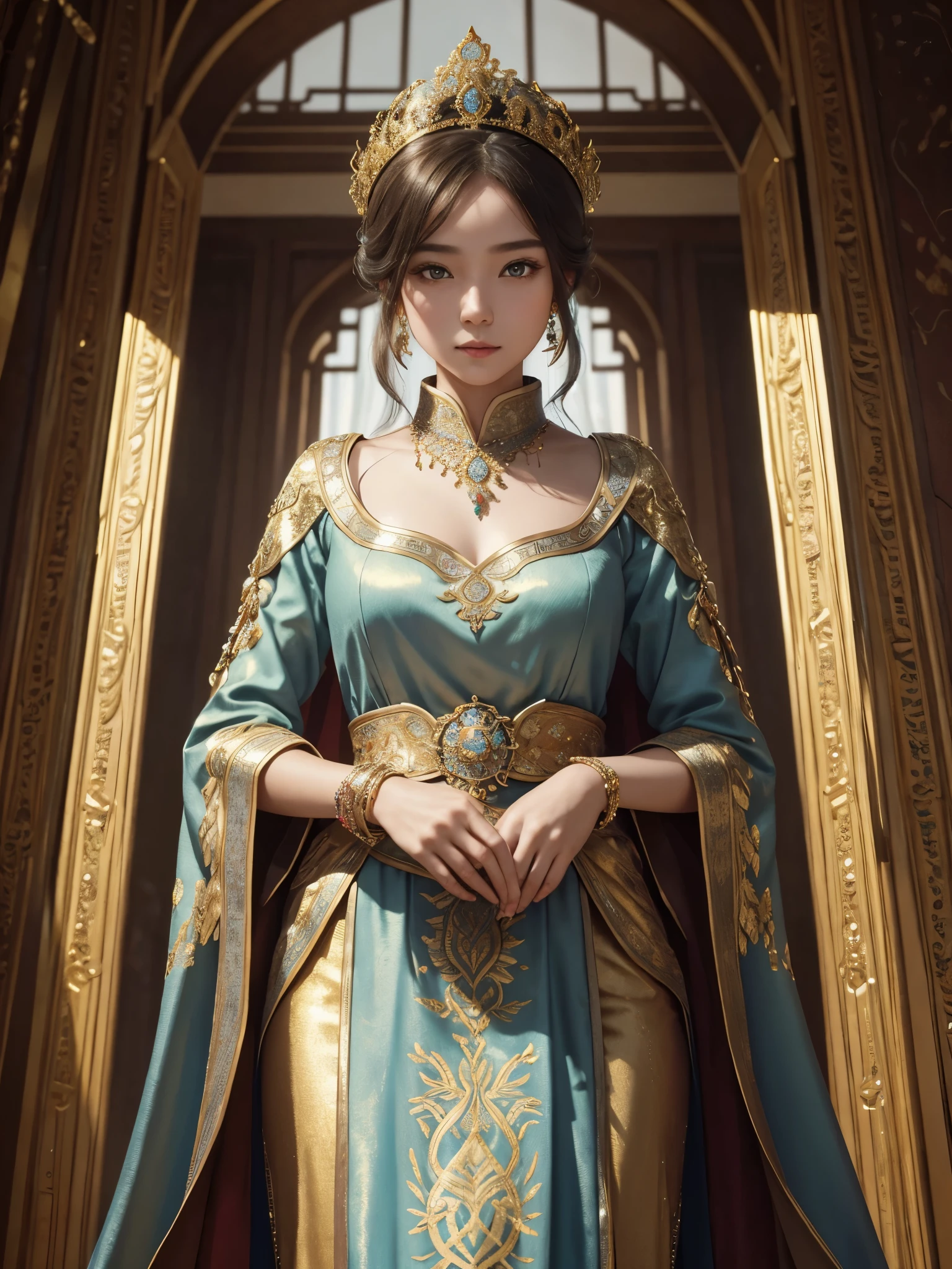 masterpiece, high quality, 4K, beautiful design, shining, from the front, Winning photo, Very detailed, Astonishing, fine details, ridiculous, Very detailed的女人, Very detailed eyes and face, alone, 1 girl, bebe, smooth, Big , world food institute, sparkling fabric, encrusted with jewels, Visible midsection , woman wearing a world food institute, Posing inside the castle with oriental architecture, gold embroidery,