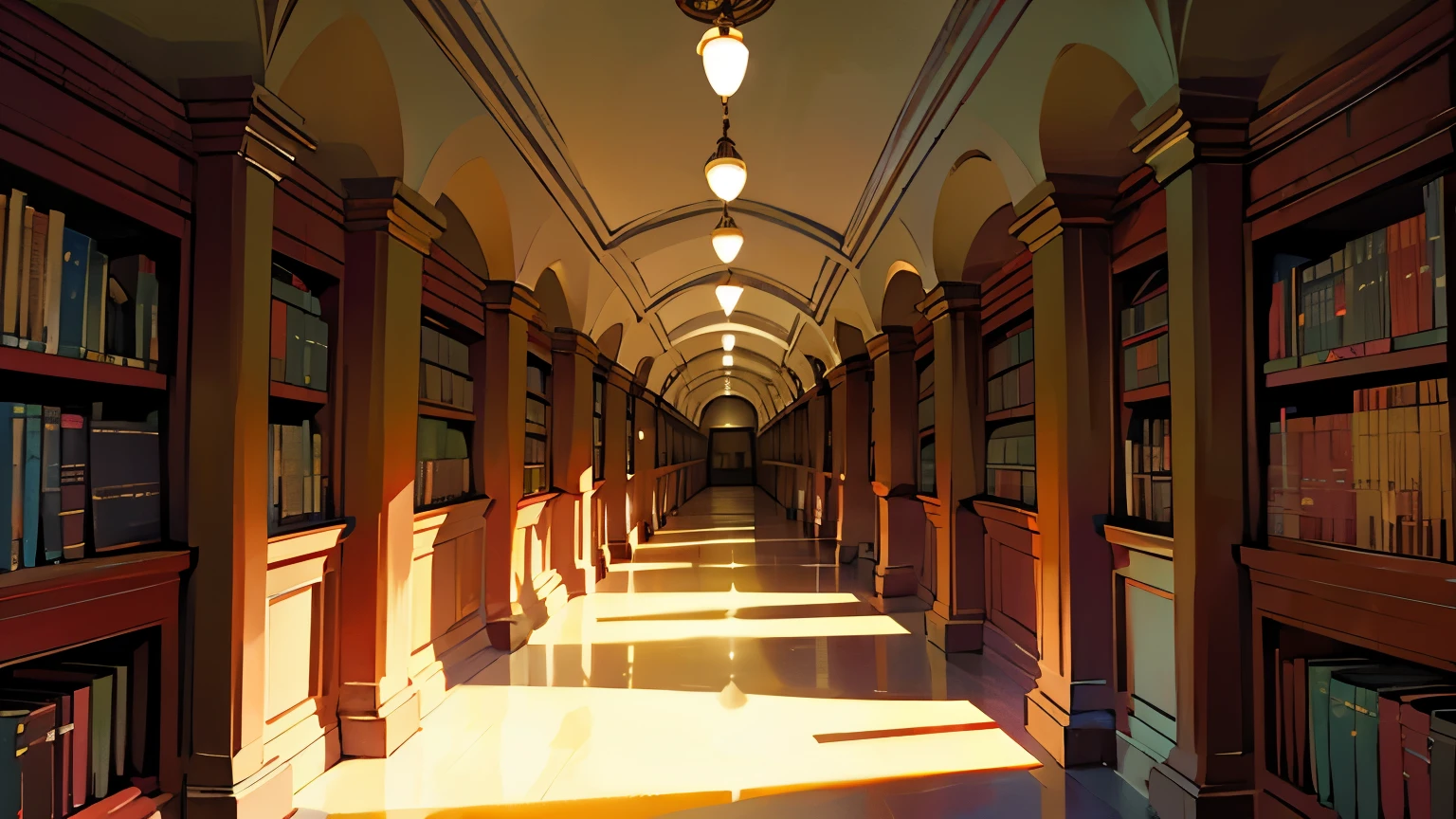 dark place, a long corridor filled with bookcases