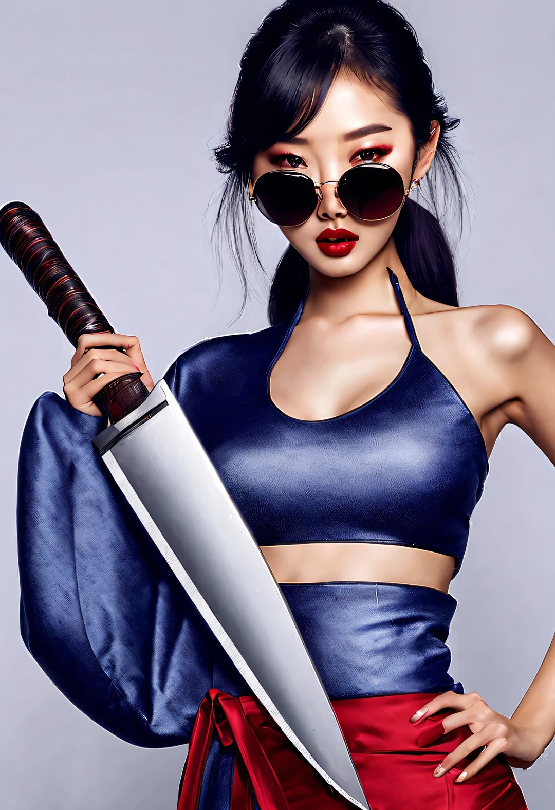 (Modern art fashion character design), Very unified CG, ( close up), (Beautiful Chinese girl holding machete: 1.3), (Wearing large sunglasses: 1.3), and (meatball head: 1.2), a harmonious combination of classic and modern, (dark blue sweater and jeans: 0.68), (Red scarf jacket: 0.7), Modern and stylish clothing, Elegance, the girl's fair and flawless smooth skin, high nose bridge, and head up posture, Sad and beautiful, slender figure, Exquisite facial features, swirling fog illustration, ink painting, black hair, meatball heads, Proud, Surrealism, contemporary art photography, action painting illustration, abstract expressionism, Pixar, depth of field, motion blur, backlight, radiation, decline, Head up angle, Sony FE General Manager, ultra high definition, masterpiece, accurate, textured skin, Super details, high detail, high quality, Award-winning, best quality, Level, 16k, Photographed from a bottom-up perspective, humor,