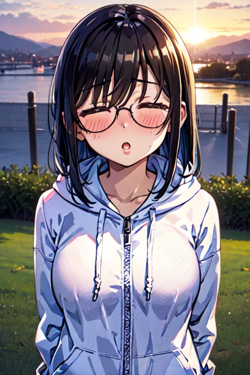 kamijo haruna, glasses, 15 years old, medium breasts, upper body, sunset, from above, arms behind back, pov, incoming hug, incoming kiss, (embarrassed:1.1), (blush:1.2), (closed eyes:1.2), :o, hoodie, white jacket, blue shirt, long sleeves, outdoors, masterpiece, best quality, ultra-detailed, high resolution, extremely detailed CG, official art, 1girl 