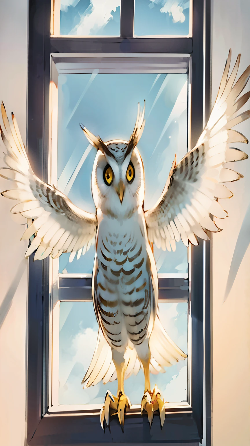 there is a white owl that is sitting on a window sill, radiant owl, hyperrealistic owl, nite - owl, an owl, with a giant owl, glowing owl, glowing white owl, mechanical owl, inspiring birds eye vista view, the wisest of all owls, cute owl, owlship, alien owl, owl wizard, owl