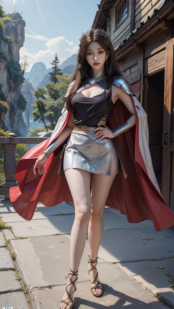Woman in red silver dress, ((run)), Escape the monsters, Immersive art station, ศิลปะFantasyที่มีรายละเอียด, Amazing character art, Excellent and neat character art, beautiful armor, very detailed, red armor girl, Exquisite headdresses and ornaments, (best quality, 10, Masterpiece :1.3), (realistic, ภาพrealistic: 1.37), (1 girl), (Beautiful women between the ages of 18-20), (thin), (Focus on the slender abdomen.. :1.3), (Korea), (Pastel colored leather dress, Long red leather cloak, Long red leather cloak, Show your arms and shoulders., white leather skirt, short leather skirt, Emphasize her legs., High groove,), (รองเท้าHeel Height), (Random pose), Huge breasts, exposed cleavage, ((dark brown hair, long hair)), exquisite face, Open the show, Fantasy, Slender figure, Very smooth face, Good eyes, Double eyelids, (long hair, Random hairstyles), (big girl :1.3), (outdoor), (Extraordinarily detailed face), (Detailed eyes), (Double eyelids), (Eyeshadow makes eyelashes look thicker.......), obscure, (Long legs, Heel Height), (((Whole body))), (professional lighting), (Photon mapping), (Radiation), red armor girl, silver armor girl, ((Big Sword)), (Look directly at the audience.....), cliff scene, mountain, cave mouth, stone, Dungeon