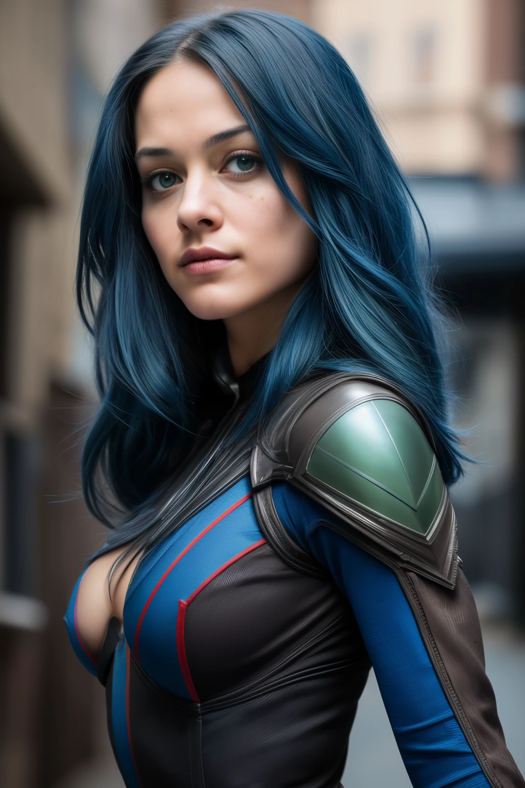 ((Rogue from DC Comics, Best quality, 8k, Masterpiece, Sharp focus, 35mm lens, f/1.4, stunning, detailed, composite image :1.5)), side-lit, ((X-gene mutant, red and blue bodysuit: 1.2)), (sultry expression: 1.2), black leather jacket: 1.2, (alleyway background: 1.2), glowing green eyes: 1.2, super detailed skin texture and pores: 1.2, Finger snapping stance, Detailed facial features and scars: 1.2, High contrast eyes, Shiny blue hair