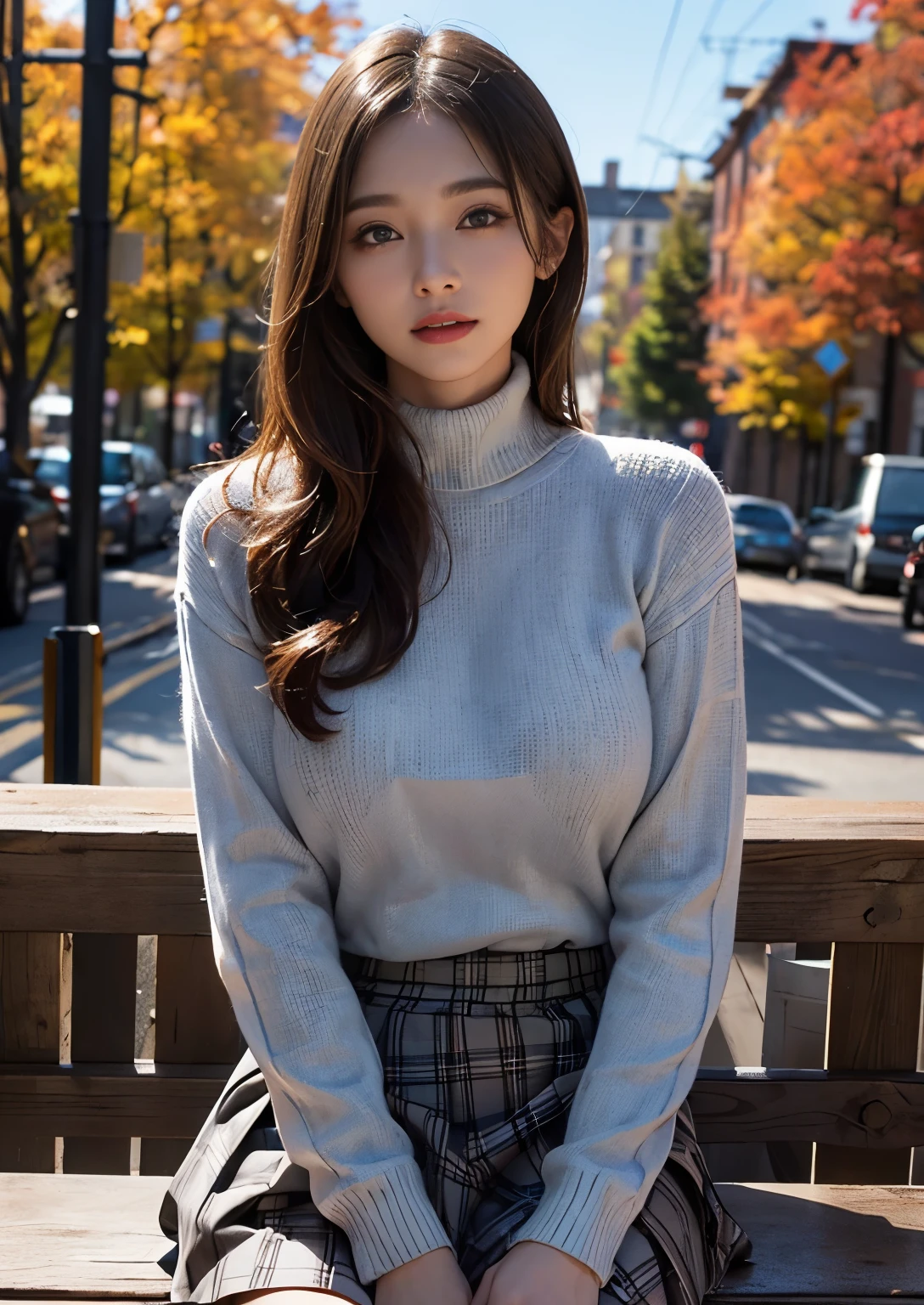 (8Khigh resolution), (highest quality), (RAW image quality),(table top:1.2), (realistic), (realistic:1.37), goose egg face,White-eye,long eyelashes,double eyelid,（Live-action realistic style）,ultimate face,realistic light and shadow,clear facial features,milky white skin,Fair skin, high detail skin,realistic skin details,visible pores,（Super detailed）,Hair length is random, （flowing hair）,Take the best portraits,,Super detailedな, 1-Girl, cute,beautiful and fine eyes, beautifully detailed nose, highly detailed skin,whole body ,(eye contact),(big breasts、rich breasts)、(double eyelidの美しい顔),((whole body画像)), (realism: 1.4),high resolution, excellent details, ultra high resolution, (Show your best smile to the audience),,delicate and beautiful face,,20-year-old,(beautiful face 1.4),Slender, (Long Hand Knit Sweater with Turtleneck:1.2)、(plaid pleated skirt:1.2),((Do not slip the hem of the sweater inside the skirt、long sleeve:1.2)),((Scenery with an autumn atmosphere)),Filmed in the city,(whole bodyショットです.),The color of the sweater is random,The color of the skirt is random
