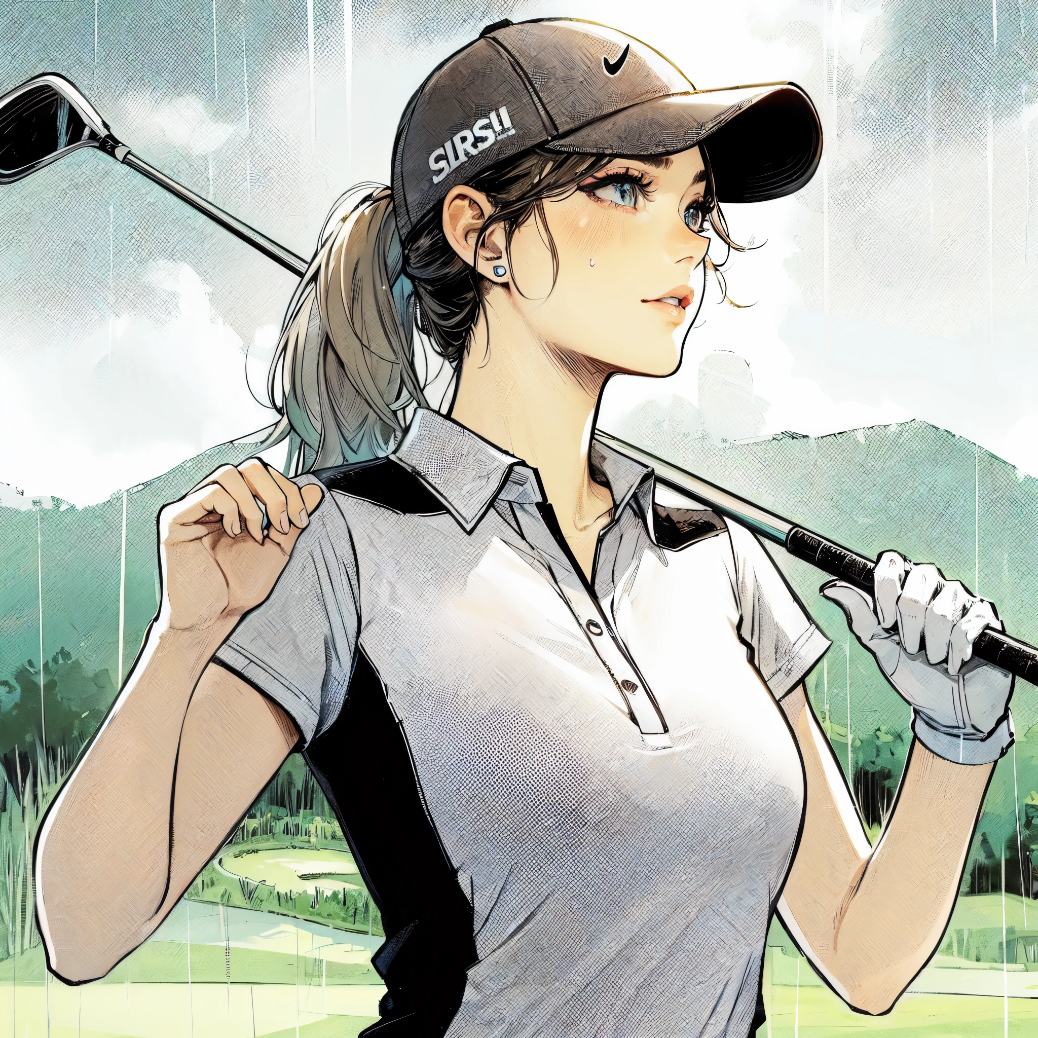 high quality,hd,16k,sharp line,1girl,female golf athlete ,skirt,cute face, ?????????????, nice legs, sweat,in golf venue,focus girl,detailed beautiful face,detailed clothes,beautiful eyes,pretty,dynamic angle