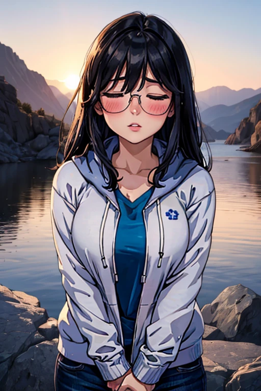 kamijo haruna, glasses, 15 years old, medium breasts, upper body, sunset, from above, arms behind back, pov, incoming hug, incoming kiss, (embarrassed:1.1), (blush:1.2), (closed eyes:1.2), :o, hoodie, white jacket, blue shirt, long sleeves, outdoors, masterpiece, best quality, ultra-detailed, high resolution, extremely detailed CG, official art, 1girl