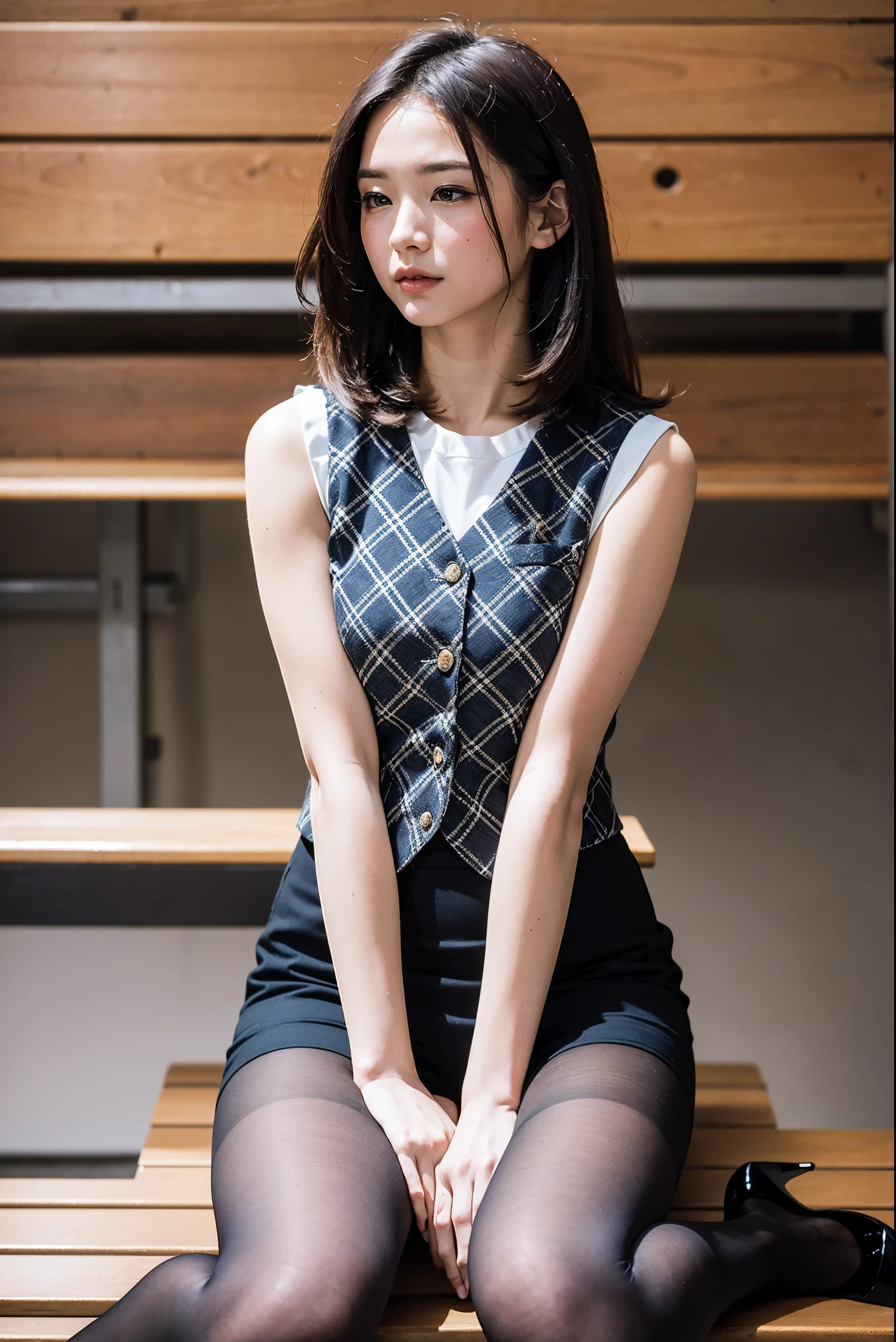 Ulchan-6500-v1.1, (RAW photo:1.2), (Photoreal), (genuine:1.4), 1girl、perfect anatomy、42 years old、look at the camera、medium long hair、plaid vest、((sitting on the bench:1.3))、(super realistic pantyhose:1.2), (high heels)、(Business service)、