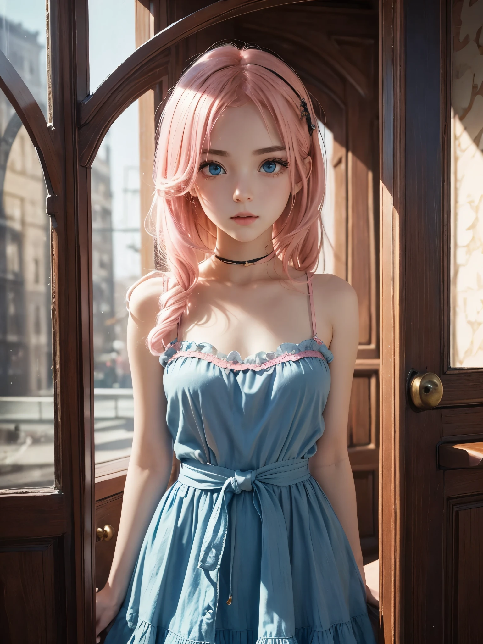 (antique style, girly: 1.2, pink hair: 1.1, blue eyes: 1.1, big eyes)