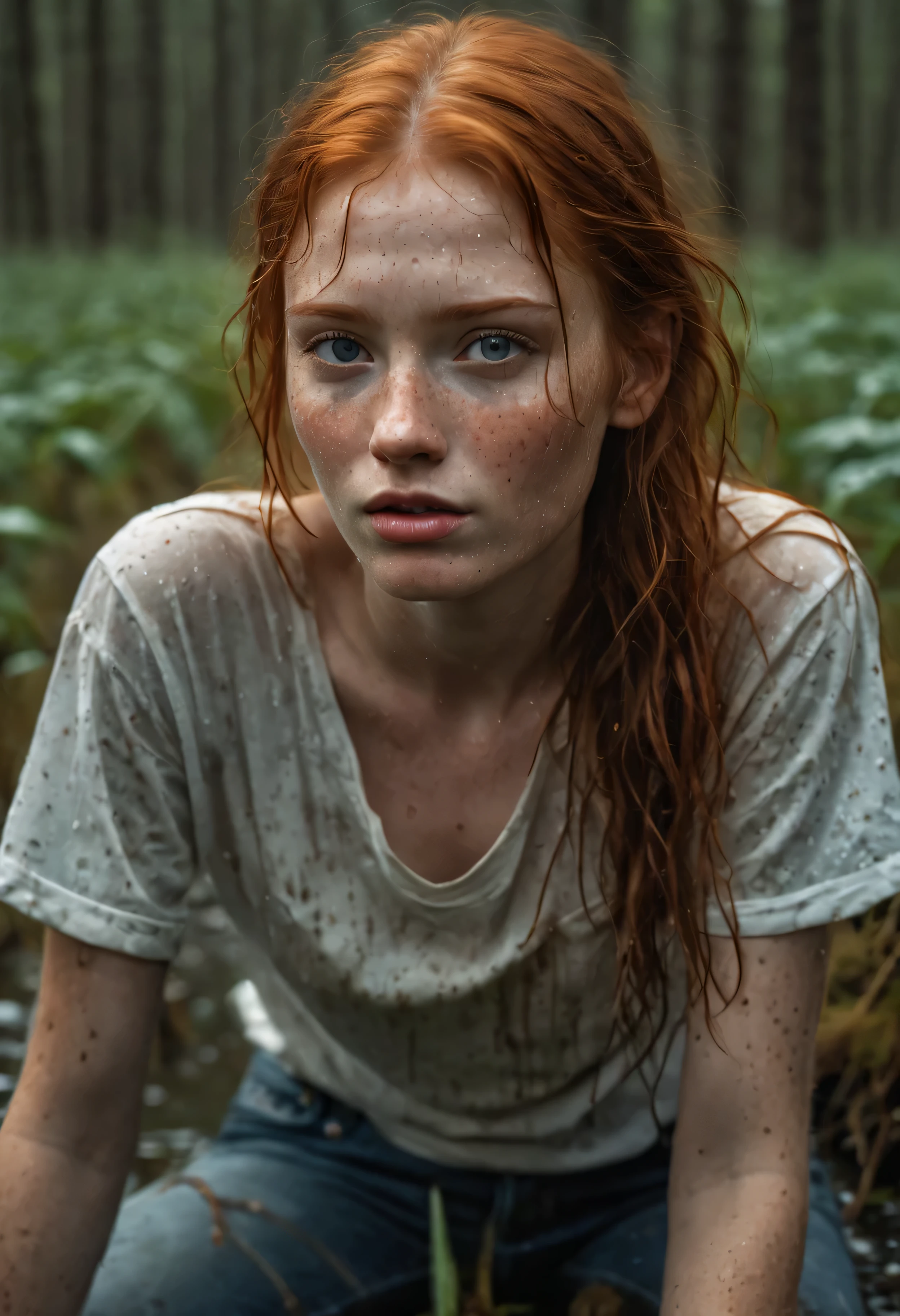 An exquisitely detailed photograph of a graceful red-haired girl with freckles, a scattering of freckles on the dewdrops of a beautiful face, with pointed features, a dreamy look of languid eyes and a slightly open mouth in an expression of euphoria. she is drowning in bog. She&#39;s wearing a wet T-shirt, tight-fitting chest, and (dirty jeans), embedded in the muddy bottom of the bog. Among tree stumps and trees entangled in thorny vines, a girl drowns in a dark swamp., desperately clinging to slippery snags with your fingers, but unable to overcome the viscous dno. Her face, thrown back to the sky, expresses a mixture of agony, shame and perverted pleasure from indulging in a dirty fetish. full body