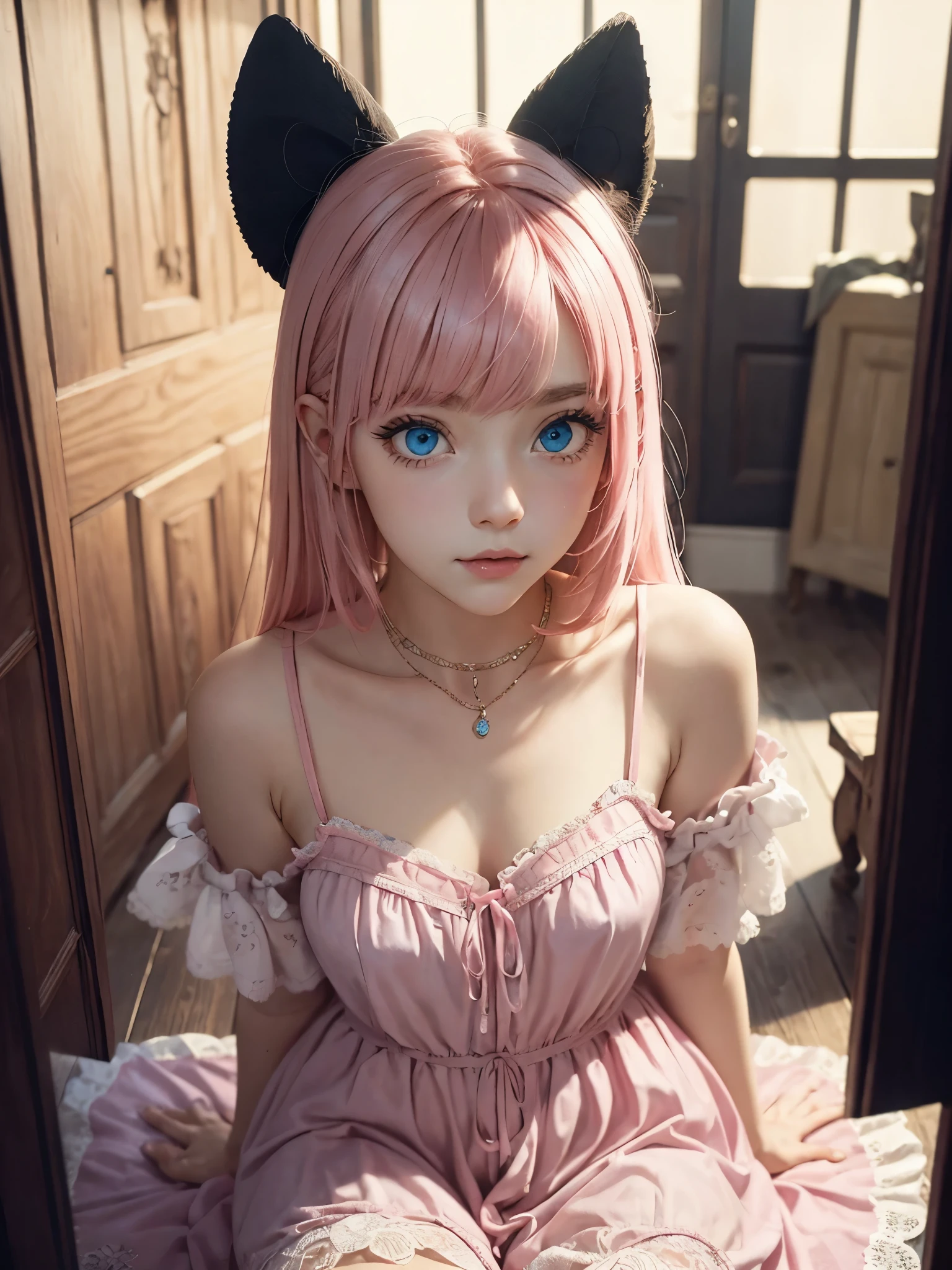 (antique style, girly: 1.2, pink hair: 1.1, blue eyes: 1.1, big eyes)