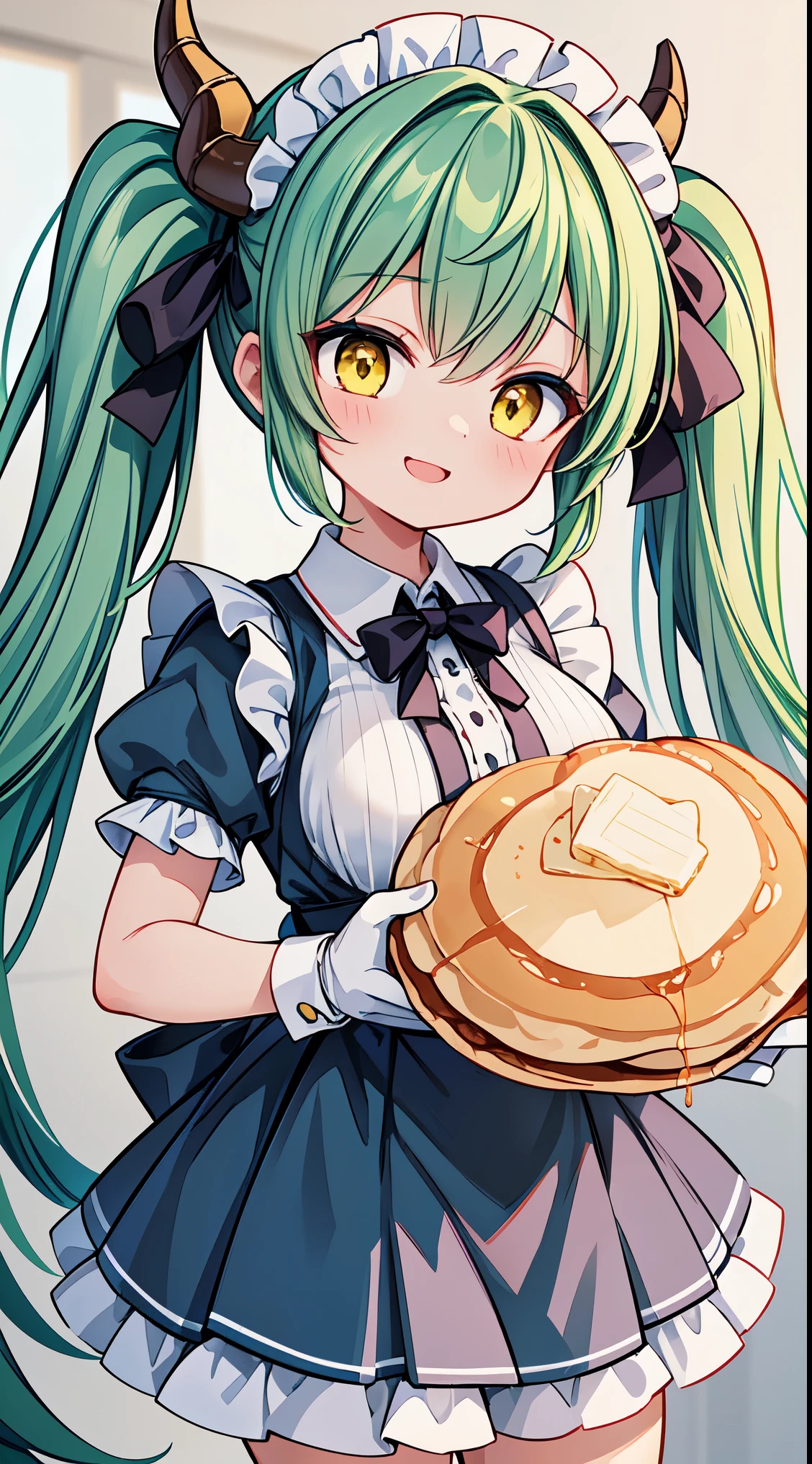 ultra-detailed, high resolution,(incredibly absurdness) ,extremely detailed CG unity 8k wallpaper, ((masterpiece)), ((top-quality)),
BREAK, 1 beautiful girl, (17 year old girl),alone,(cute:1.5),(Little:0.6),(cute:1.5),(change:0.5),break, :d, (twin tails, green hair, horn, long hair:1.35), (yellow eyes, double, slanted eyes:1.45), blush, double teeth, ((D cup breasts))), heart, sight, maid, /maid dragon/, dragon tail, (long eyelashes, double eyelids, thin eyebrows:1.2), alone, glowing skin, beautiful skin, beautiful skin, (highest quality face), (highest quality slanted eyes), maid outfit, gloves, open your mouth, short sleeve, smile, white gloves,(The best smile,smug face:1.45),
BREAK,
short sleeves, apron, knee socks, lace, standing, (((holding a big pancake with butter), background dining))),
BREAK,wakame,wakame,wakame,(Cowboy Shot:1.4),
BREAK,(Blurry background:1.3),(absurderes, hight resolution, Super Detail Art),cel shading,Clear Color, Lonely optical effect, Beautiful pictures, Bright glow, mystic atmosphere,(Close-up of girl:1.1), Mystical light particle effect,manga influence, clean line drawings,