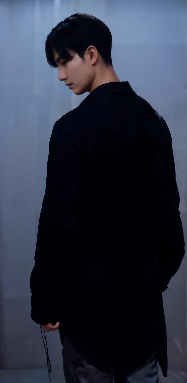 1boy, sung jinwo solo leveling, short hair, black hair, black robe, grey pants, back view realistic, ultra detailed, 70mm lens.