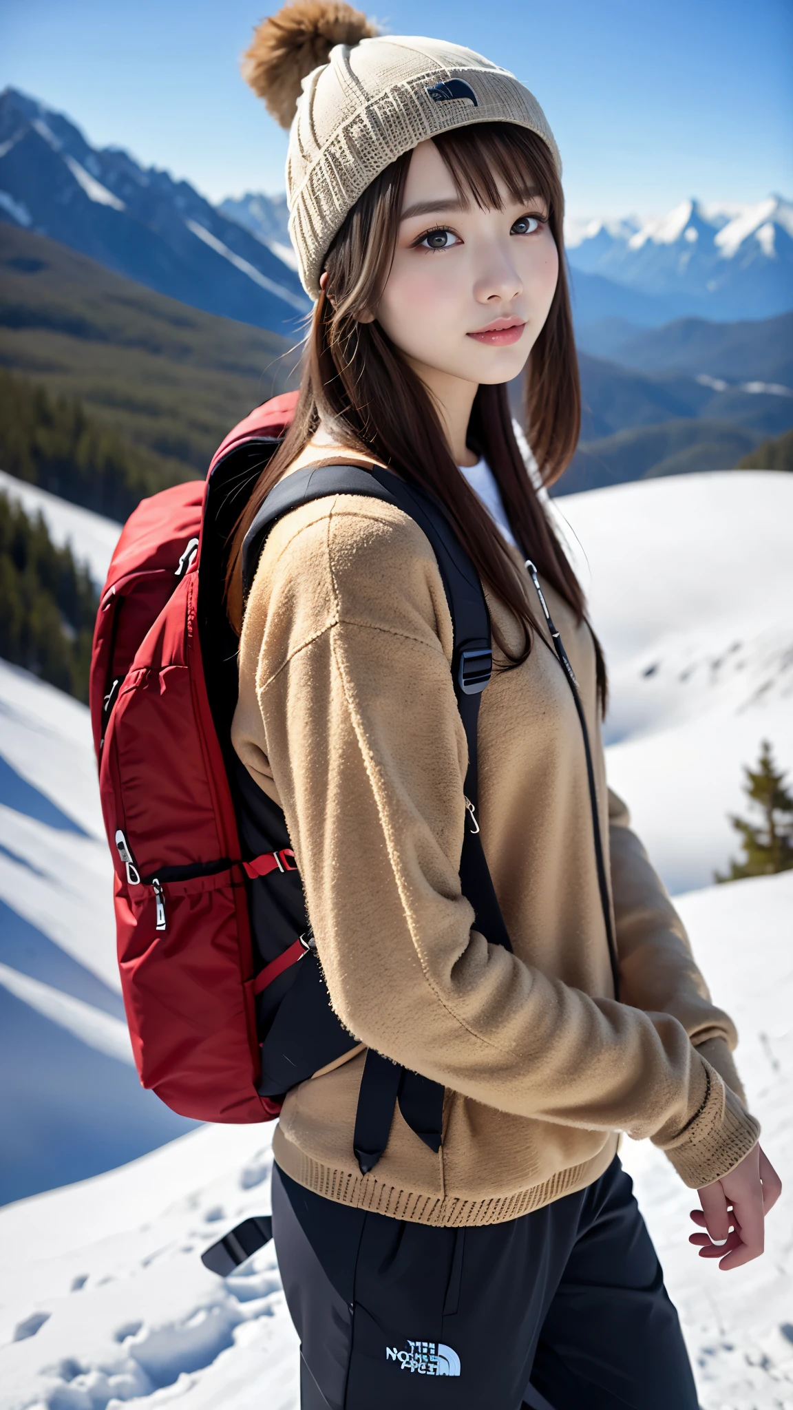 (Background, Magnificent snow mountain views):1.3, (snow mountain:1.37), (8k, RAW photo, best quality, masterpiece:1.2), (realistic, photo-realistic:1.37), ultra-detailed, high quality, professional lighting, physically-based rendering photo of 20 years woman, (1girl:1.3), (Japanese girl), (semi-long hair, dark brown hair), (high detailed skin:1.2), (ultra delicate face, ultra Beautiful fece, ultra delicate eyes, ultra detailed nose, ultra detailed mouth), (Mountain jacket(the north face), trekking-pants, knit hat), (Carrying a backpack), (Walking along a mountain trail), from the front side, fullbody