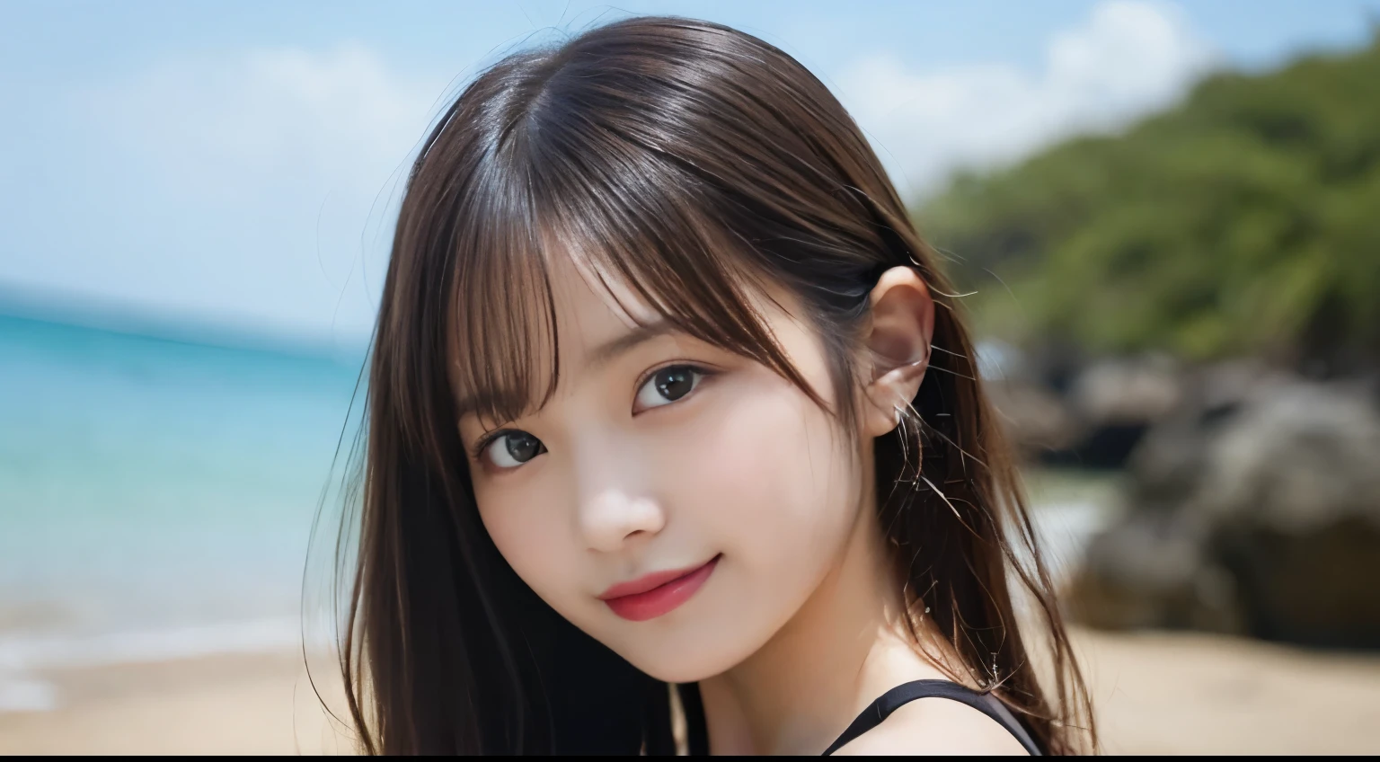 table top, highest quality, shape, Super detailed, finely, High resolution, 16k, perfect dynamic composition, straight hair, medium hair, brown hair,natural color lip, smile, 20歳のgirl、cute、beautiful、完璧でbeautiful顔, beautiful and detailed face, slim face and body, Elegant face, KPOP idol face、Japanese idol faces、small face、Big eyes, brown eyes, droopy eyes, 緻密でbeautiful目, girl,, swimsuit, swimming, Ocean, sandy beach、whole body