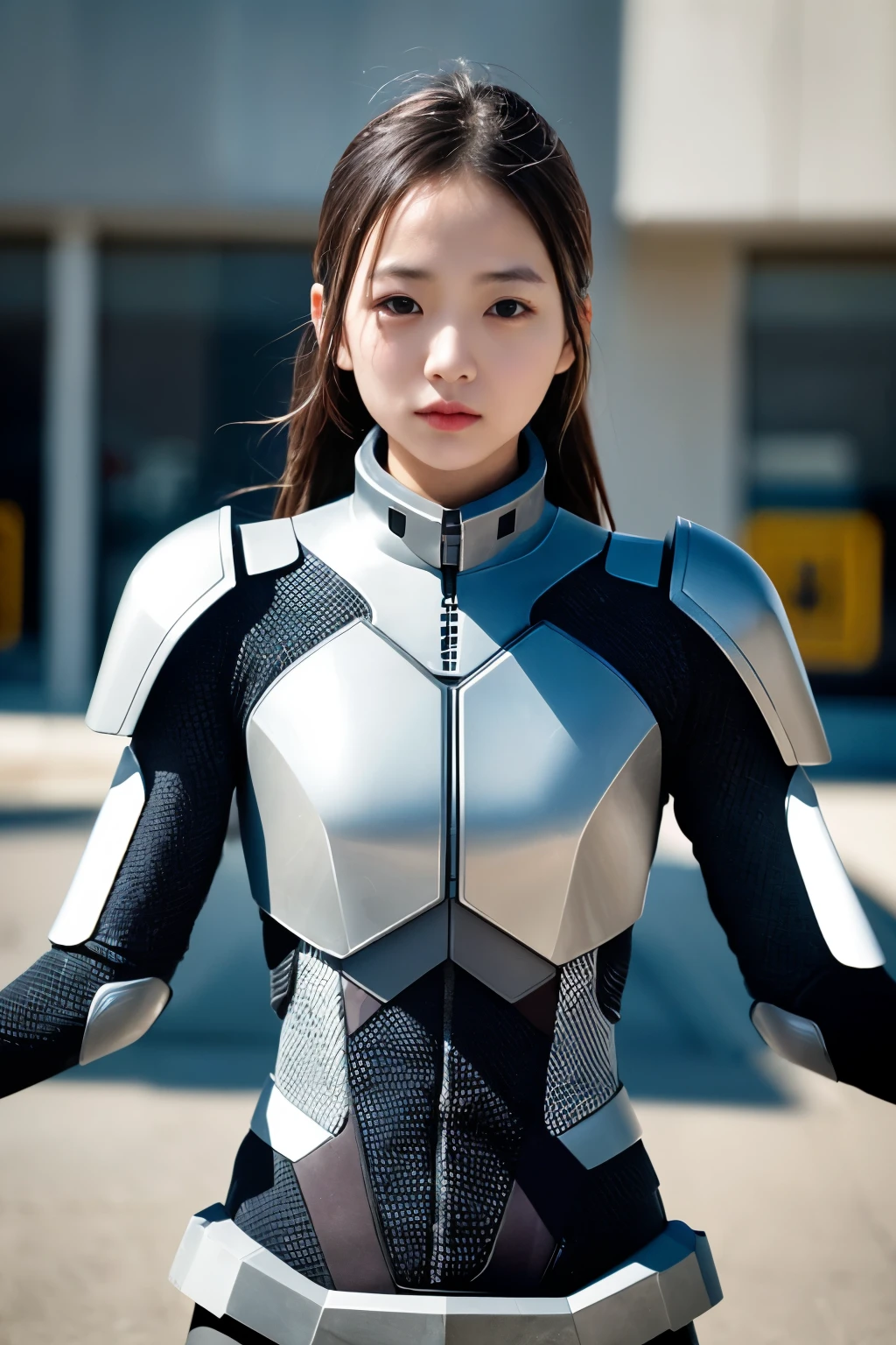1 girl、Armored Suit、near future、 (best quality: 1.1)、(highly detailed skin), (best quality:1.0), (ultra high resolution:1.0) ,(realistic photo:1.0), (Super detailed:1.0), (8K, Raw photo:1.1),