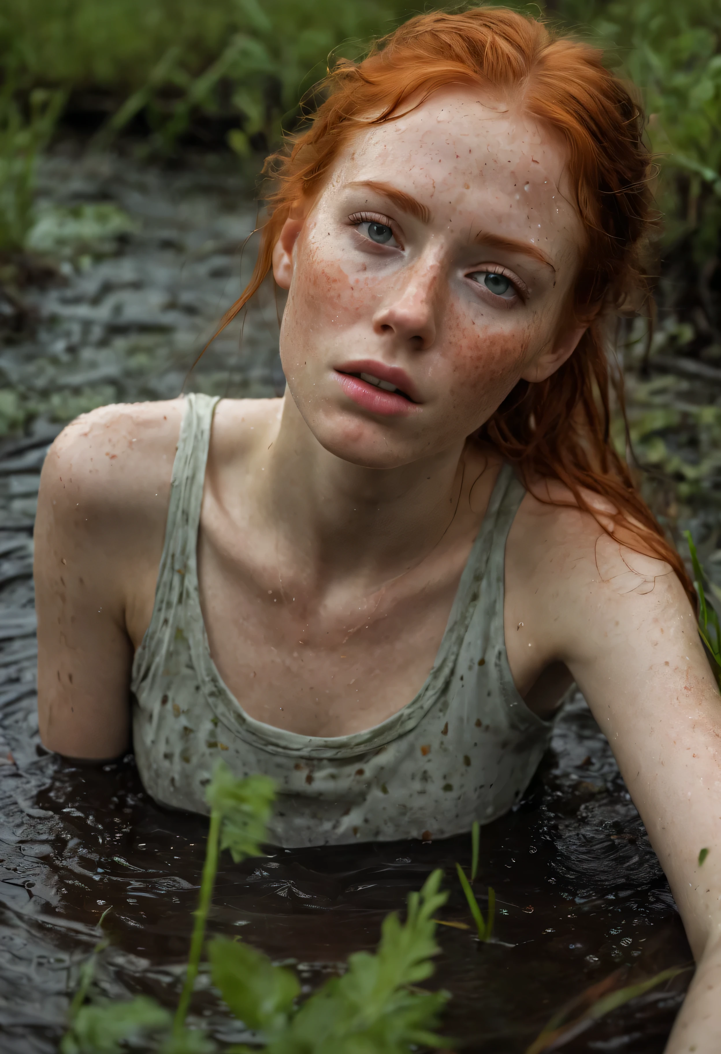 An exquisitely detailed photograph of a graceful red-haired girl with freckles, drowning in bog, a scattering of freckles on the dewdrops of a beautiful face, with pointed features, a dreamy look of languid eyes and a slightly open mouth in an expression of euphoria. she is drowning in bog. She&#39;s wearing a wet T-shirt, tight-fitting chest, and (dirty jeans), embedded in the muddy bottom of the bog. Among tree stumps and trees entangled in thorny vines, a girl drowns in a dark swamp., desperately clinging to slippery snags with your fingers, but unable to overcome the viscous dno. Her face, thrown back to the sky, expresses a mixture of agony, shame and perverted pleasure from indulging in a dirty fetish. full body