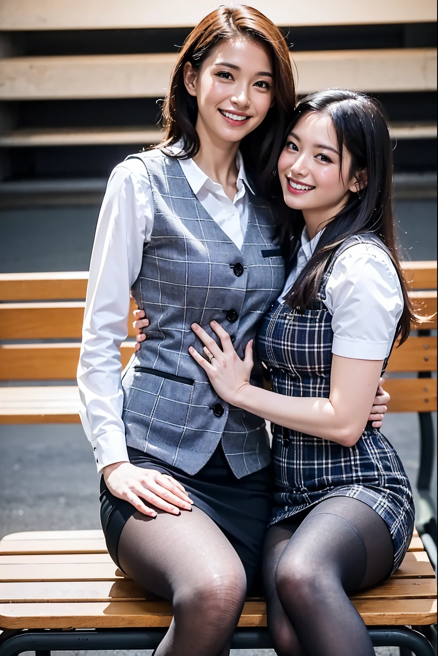 Ulchan-6500-v1.1, (RAW photo:1.2), (Photoreal), (genuine:1.4), １girl、perfect ???????、42 years old、look at the camera、medium long hair、plaid vest、((sitting on the bench:1.3))、(super realistic pantyhose:1.2), (high heels)、(Business service)、(very affectionate smile:1.2)、