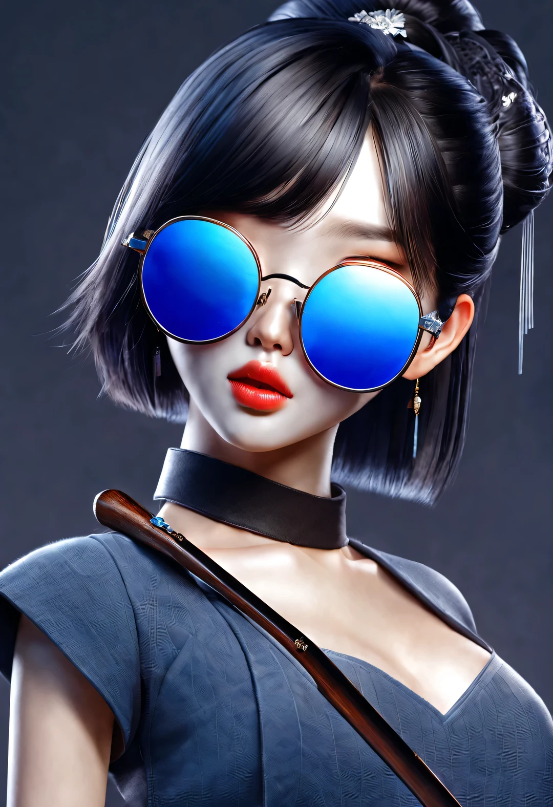 (Modern art fashion character design), Very unified CG, ( close up), (Beautiful Chinese girl holding machete: 1.3), (Wearing large sunglasses: 1.3), and (meatball head: 1.2), a harmonious combination of classic and modern, (dark blue sweater and jeans: 0.68), (Red scarf jacket: 0.7), Modern and stylish clothing, Elegance, the girl's fair and flawless smooth skin, high nose bridge, and head up posture, Sad and beautiful, slender figure, Exquisite facial features, swirling fog illustration, ink painting, black hair, meatball heads, Proud, Surrealism, contemporary art photography, action painting illustration, abstract expressionism, Pixar, depth of field, motion blur, backlight, radiation, decline, Head up angle, Sony FE General Manager, ultra high definition, masterpiece, accurate, textured skin, Super details, high detail, high quality, Award-winning, best quality, Level, 16k, Photographed from a bottom-up perspective, humor,
