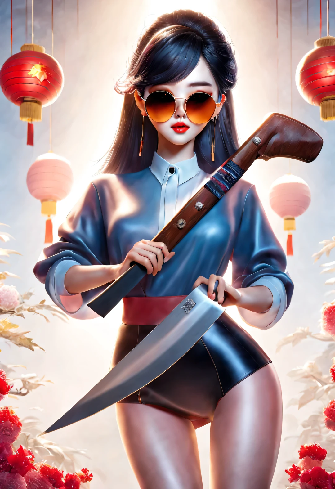 (Modern art fashion character design), Very unified CG, ( close up), (Beautiful Chinese girl holding machete: 1.3), (Wearing large sunglasses: 1.3), and (meatball head: 1.2), a harmonious combination of classic and modern, (dark blue sweater and jeans: 0.68), (Red scarf jacket: 0.7), Modern and stylish clothing, Elegance, the girl's fair and flawless smooth skin, high nose bridge, and head up posture, Sad and beautiful, slender figure, Exquisite facial features, swirling fog illustration, ink painting, black hair, meatball heads, Proud, Surrealism, contemporary art photography, action painting illustration, abstract expressionism, Pixar, depth of field, motion blur, backlight, radiation, decline, Head up angle, Sony FE General Manager, ultra high definition, masterpiece, accurate, textured skin, Super details, high detail, high quality, Award-winning, best quality, Level, 16k, Photographed from a bottom-up perspective, humor,