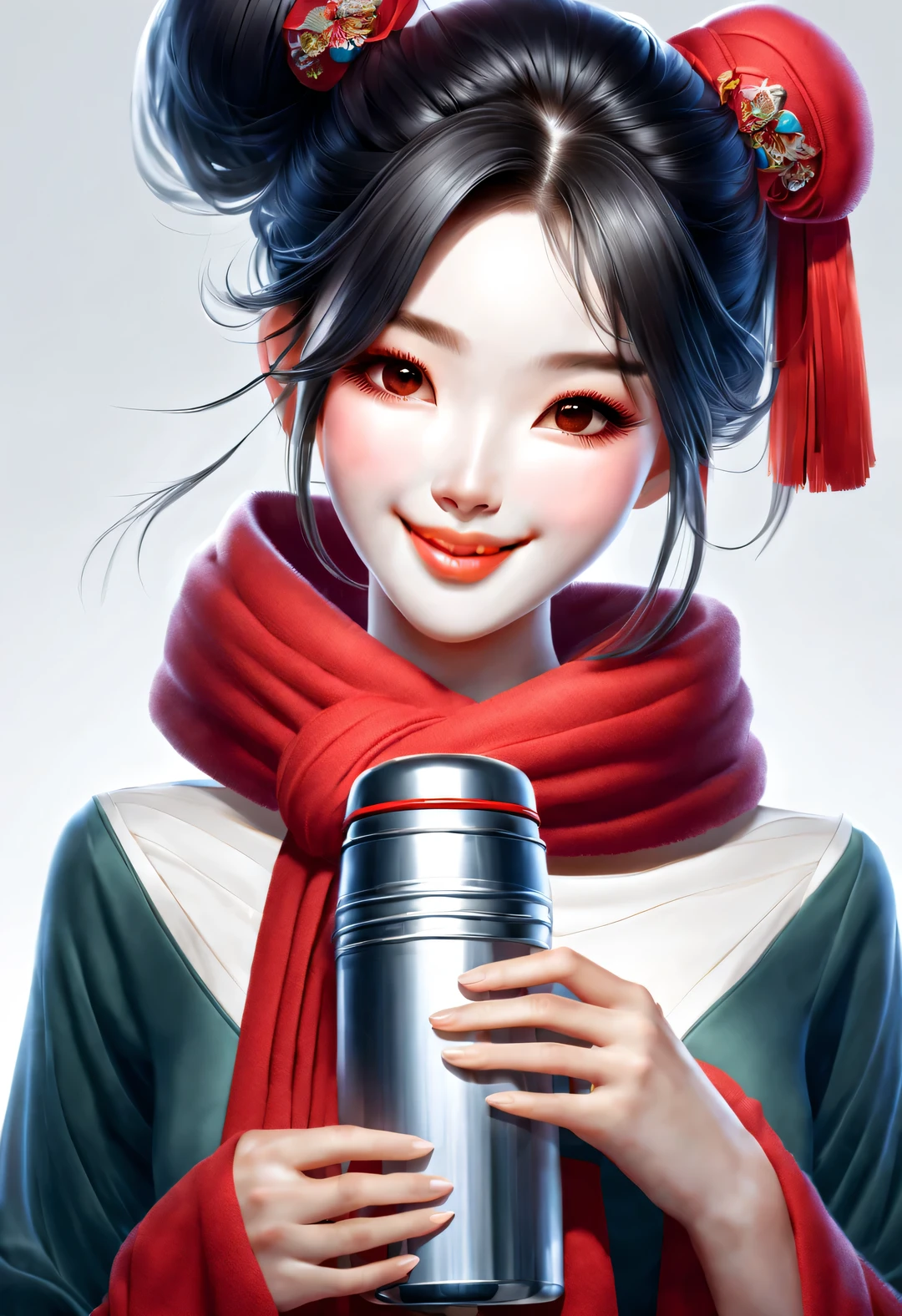 (Modern Art and Fashion Character Design), Very unified CG, (Half-length close-up), (Beautiful Chinese girl holding a thermal lunch box and smiling softly: 1.37), (Wrapped in a wide red woolen scarf: 1.0), (Wearing big sunglasses and bun: 0.95), Harmonious combination of classic and modern, (Dark blue sweater and jeans: 0.68), Modern and stylish clothing, Elegance, Girl fair and flawless smooth skin, high nose bridge, Head up posture, sad but beautiful, slender figure, Exquisite facial features, swirling fog illustration, ink painting, black hair, meatball head, Proud, Surrealism, contemporary art photography, action painting illustration, abstract expressionism, Pixar, depth of field, motion blur, backlight, radiation, decline, Head up angle, Sony FE General Manager, ultra high definition, masterpiece, accurate, textured skin, Super details, high detail, high quality, Award-winning, best quality, Level, 16k, Photographed from a bottom-up perspective, humor,