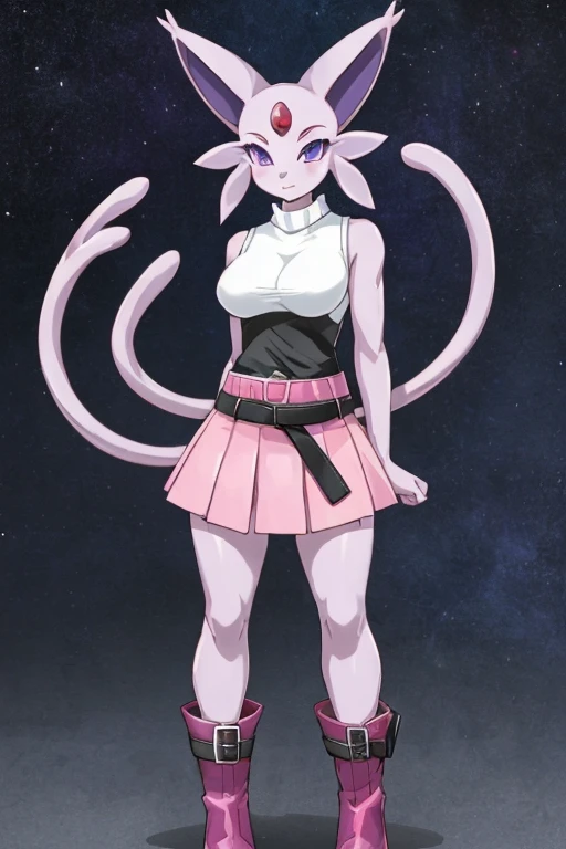 ((Espeon)), anthropomorphic, big boobs, big ass, pokemorph, (((1girl))), (((white sleeveless turtleneck shirt)), (pink skirt), (black belt), cute and sexy, (white heeled boots), slender, purple skin, long legs