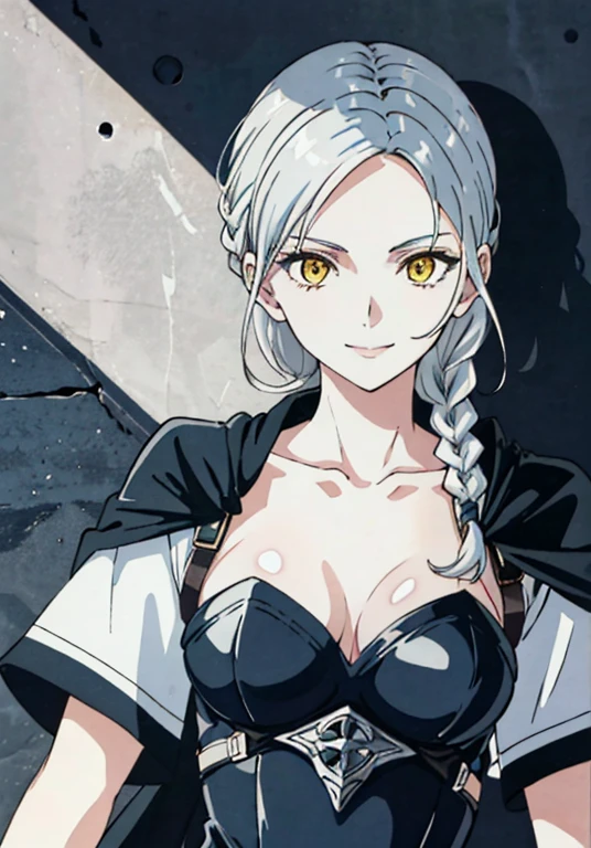 claymore (series),ophelia(claymore),1girl,Solo,pale white skin,silver hair,forehead,swept back hair,hair pulled back,single braid,long and large braid,yellow eyes,grey bodysuit,grey gloves,collarbone,pauldrons,evil smile