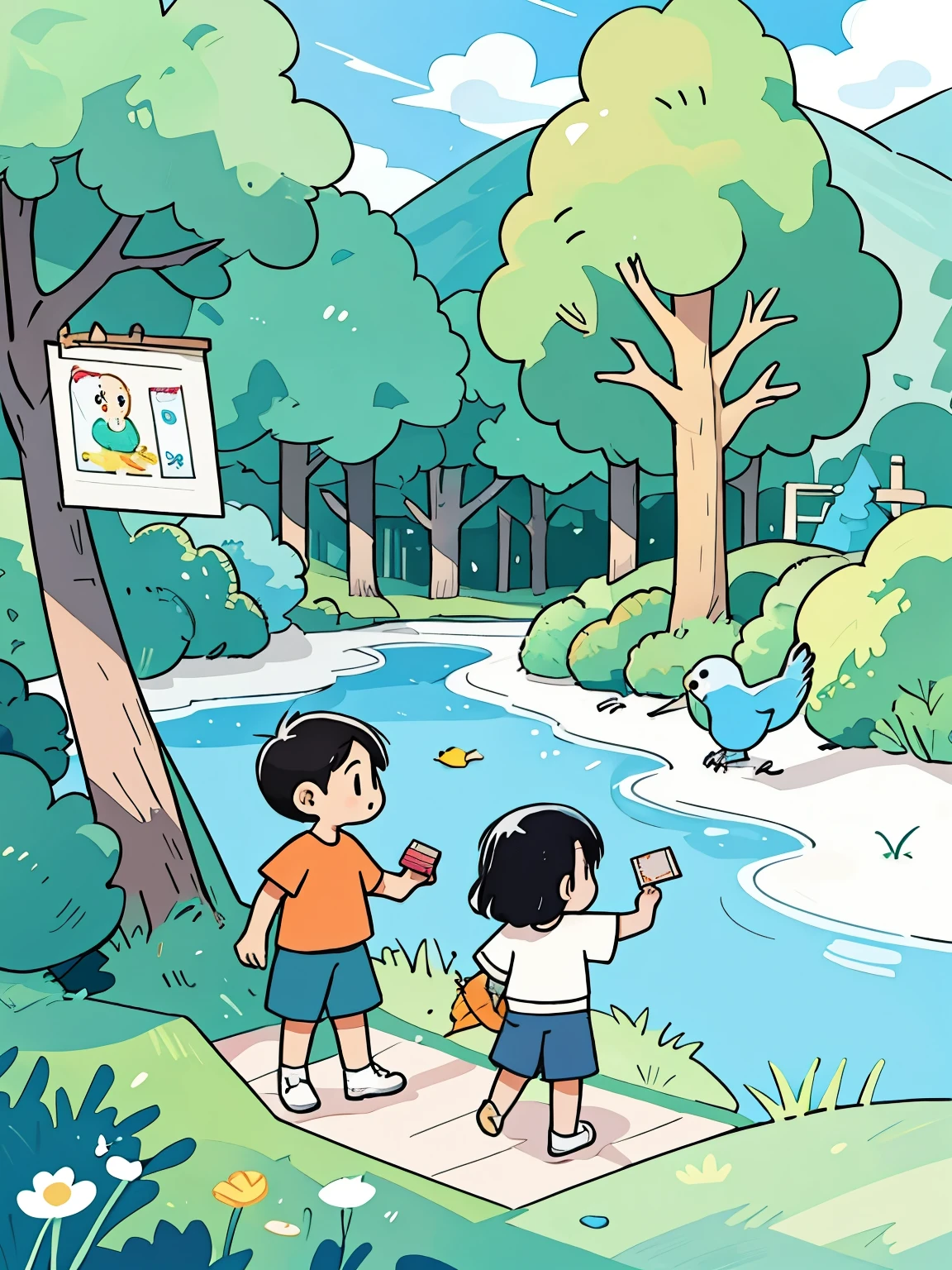 There is a painting,The painting shows two children observing birds on the tree, children's illustration, childrens illustration, Based on children’s drawings, illustration for children, children\'s illustration, beside a river, Inspired by E.H. Shepard, children\book pictures, There is a small river next to it, childrenbook illustration, Official illustration, 简单's illustration, Children's book illustrations