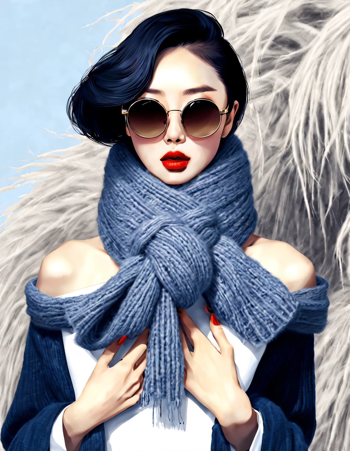 (Modern art fashion character design), Very unified CG, (Half-length close-up), (Beautiful Chinese girl is like a warm lunch box), (Wrapped in a wide woolen scarf: 1.3), (Wearing large sunglasses: 1.3), and (meatball head: 1.2), a harmonious combination of classic and modern, (Dark Blue Sweater and Jeans: 0.68), Modern and stylish clothing, Elegance, the girl's fair and flawless smooth skin, high nose bridge, and head up posture, Sad and beautiful, slender figure, Exquisite facial features, swirling fog illustration, ink painting, black hair, meatball head, Proud, Surrealism, contemporary art photography, action painting illustration, abstract expressionism, Pixar, depth of field, motion blur, backlight, radiation, decline, Head up angle, Sony FE General Manager, ultra high definition, masterpiece, accurate, textured skin, Super details, high detail, high quality, Award-winning, best quality, Level, 16k, Photographed from a bottom-up perspective, humor,