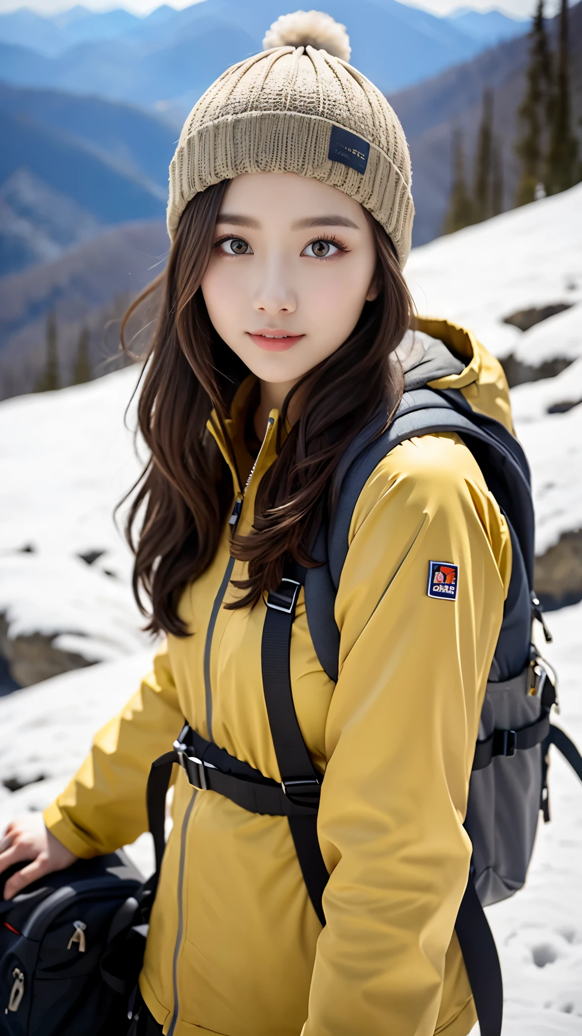 (Background, Magnificent snow mountain views):1.3, (snow:1.37), (8k, RAW photo, best quality, masterpiece:1.2), (realistic, photo-realistic:1.37), ultra-detailed, high quality, professional lighting, physically-based rendering photo of 20 years woman, (1girl:1.3), (Japanese girl), (semi-long hair, dark brown hair), (high detailed skin:1.2), (ultra delicate face, ultra Beautiful fece, ultra delicate eyes, ultra detailed nose, ultra detailed mouth), (Mountain jacket, trekking-pants, knit hat), (Carrying a backpack), (Walking along a mountain trail), from the front side, fullbody