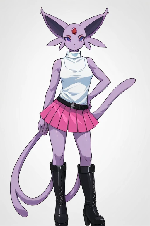 ((Espeon)), anthropomorphic, big boobs, big ass, pokemorph, (((1girl))), (((white sleeveless turtleneck shirt)), (pink skirt), (black belt), cute and sexy, (white heeled boots), slender, purple skin, long legs