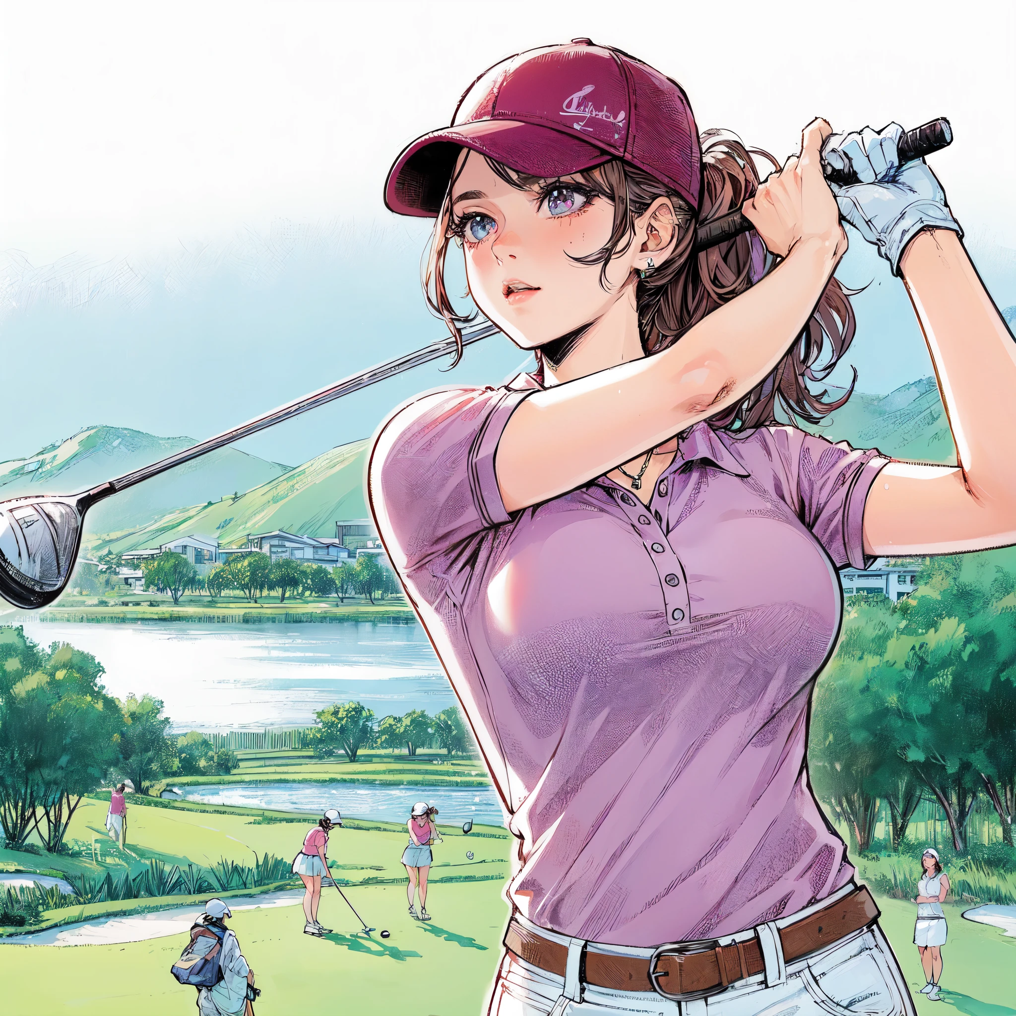 high quality,hd,16k,sharp line,1girl,female golf athlete ,skirt,cute face, large breasts, nice legs, sweat,in golf venue,focus girl,detailed beautiful face,detailed clothes,beautiful eyes,pretty,dynamic angle